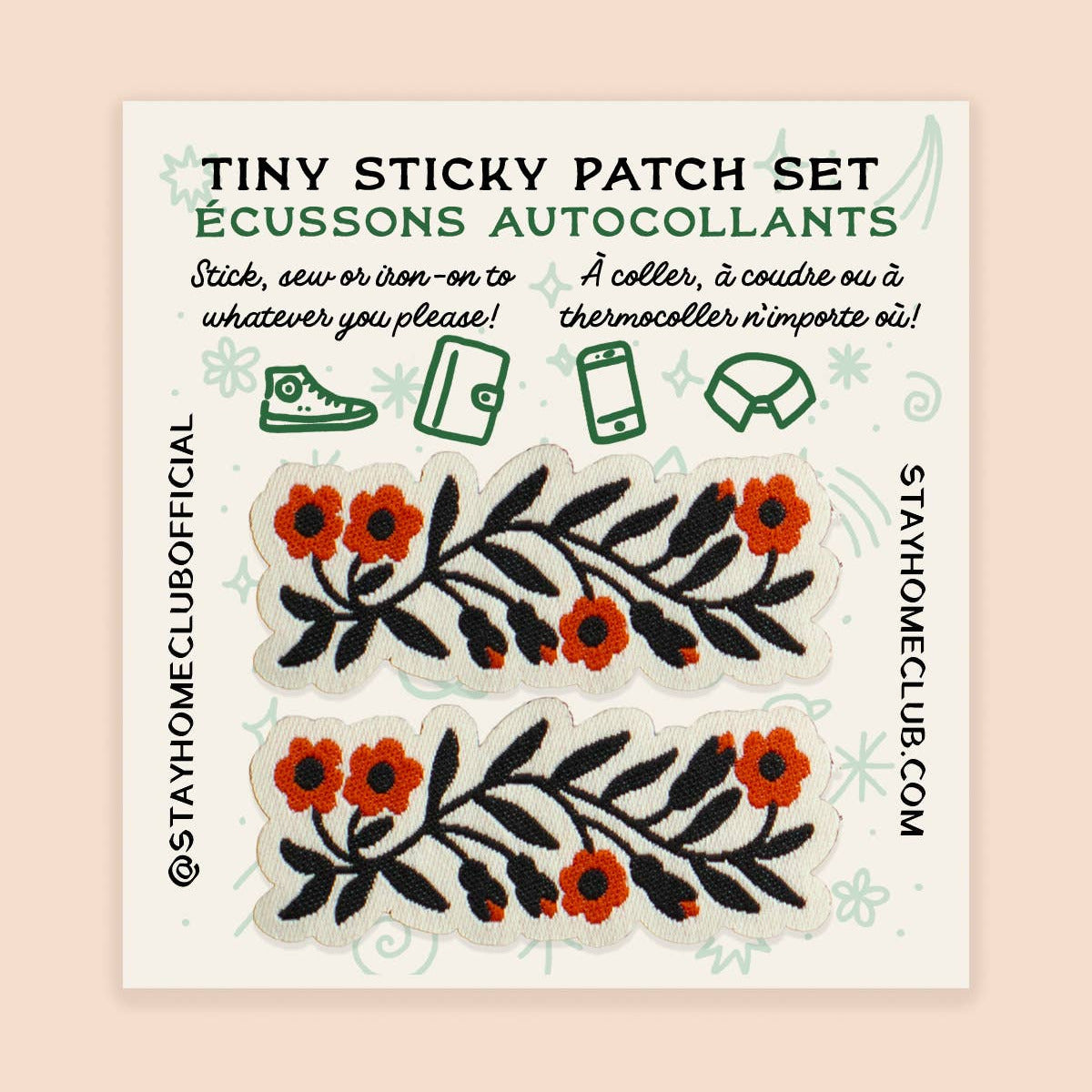 A product card displaying a set of four tiny sticky patch stickers. The patches feature black leafy vines with small orange-red flowers.