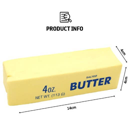 Block of butter with measurements and product information on a white background