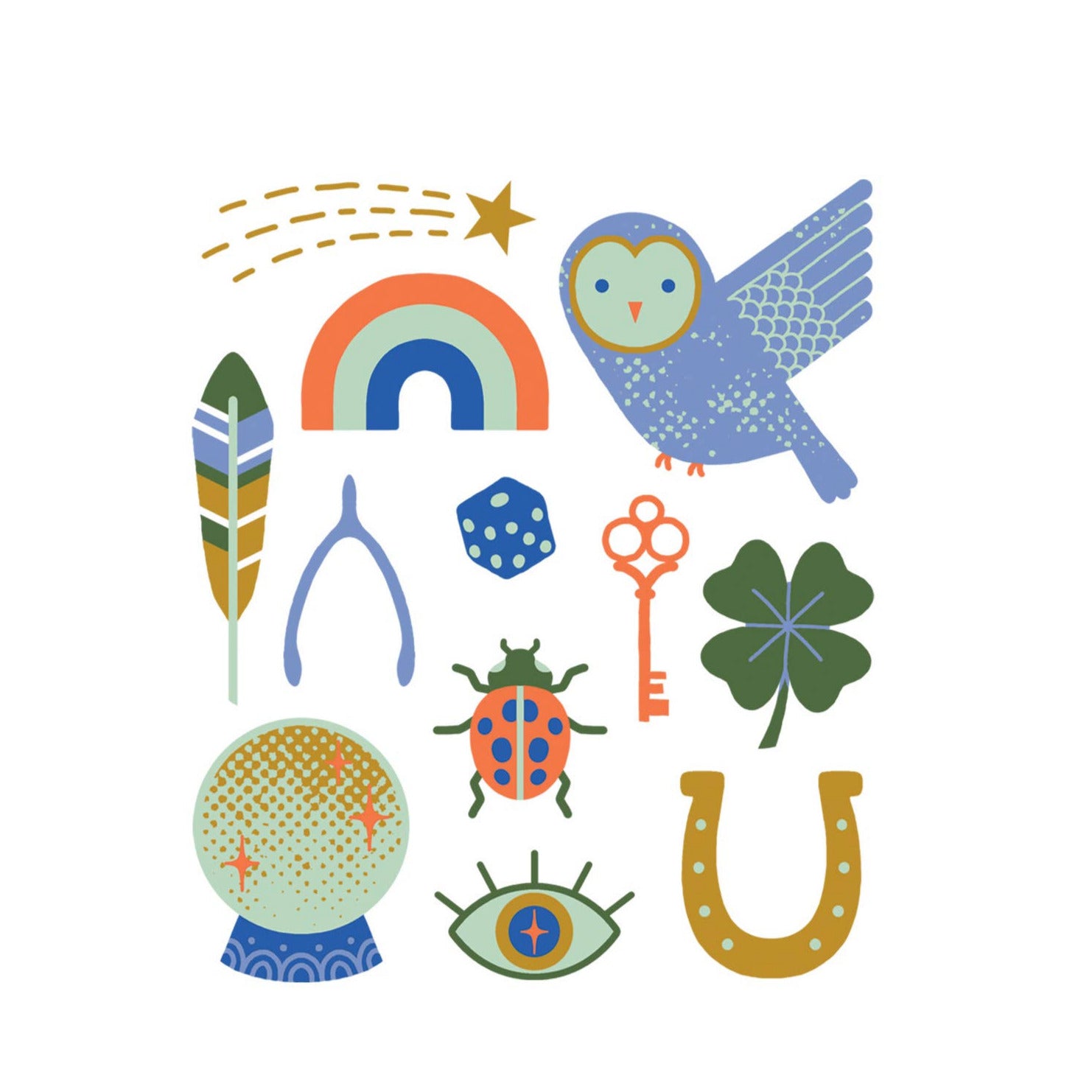 Collection of colorful illustrations including an owl, rainbow, key, and other symbols on a white background.