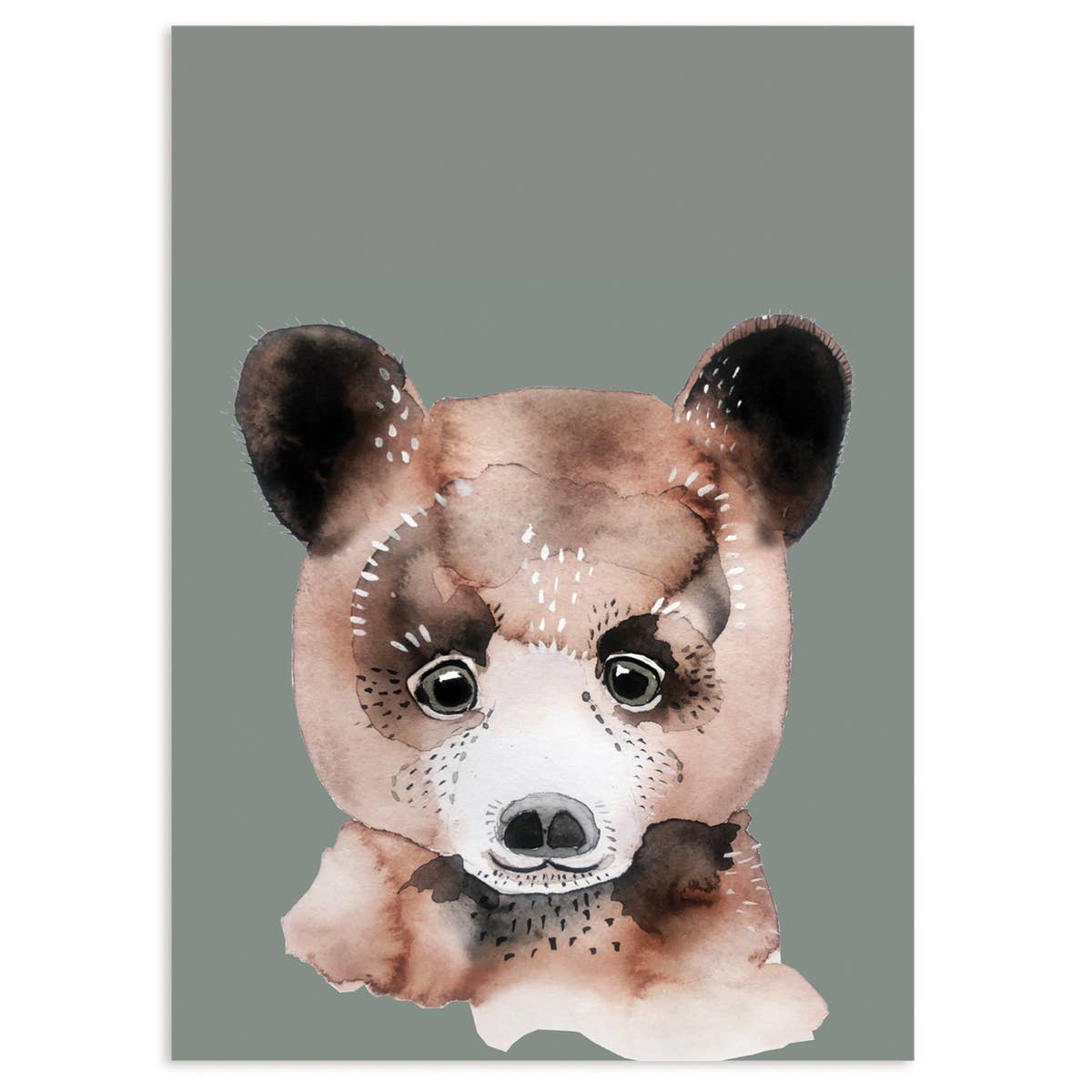 A watercolor-style art print featuring a bear cub's face centered on a muted gray-green background.