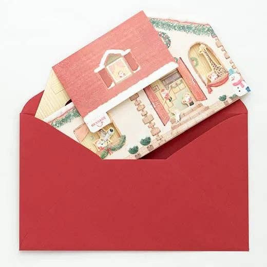 Red envelope with a decorative card featuring a house illustration on a white background