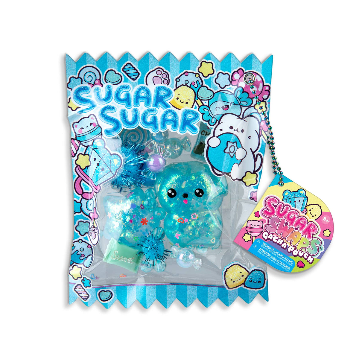 Glowing blue plush toy in packaging with 'Sugar Sugar' branding