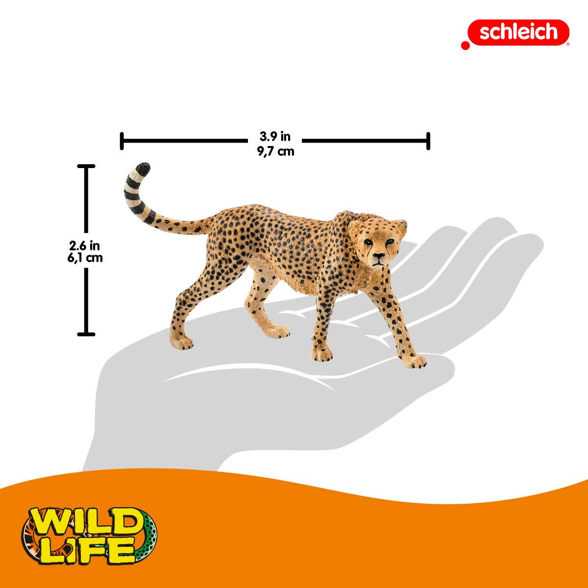 Schleich cheetah figurine on a hand with measurements and Wild Life logo