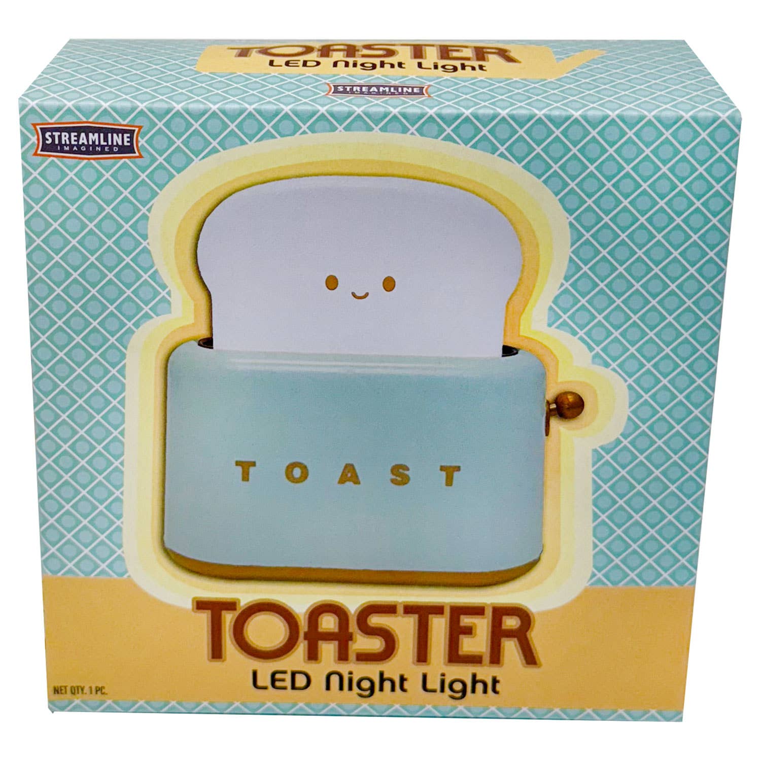 Box of a 'Toast Toaster' LED night light with a cute face on the bread slice.