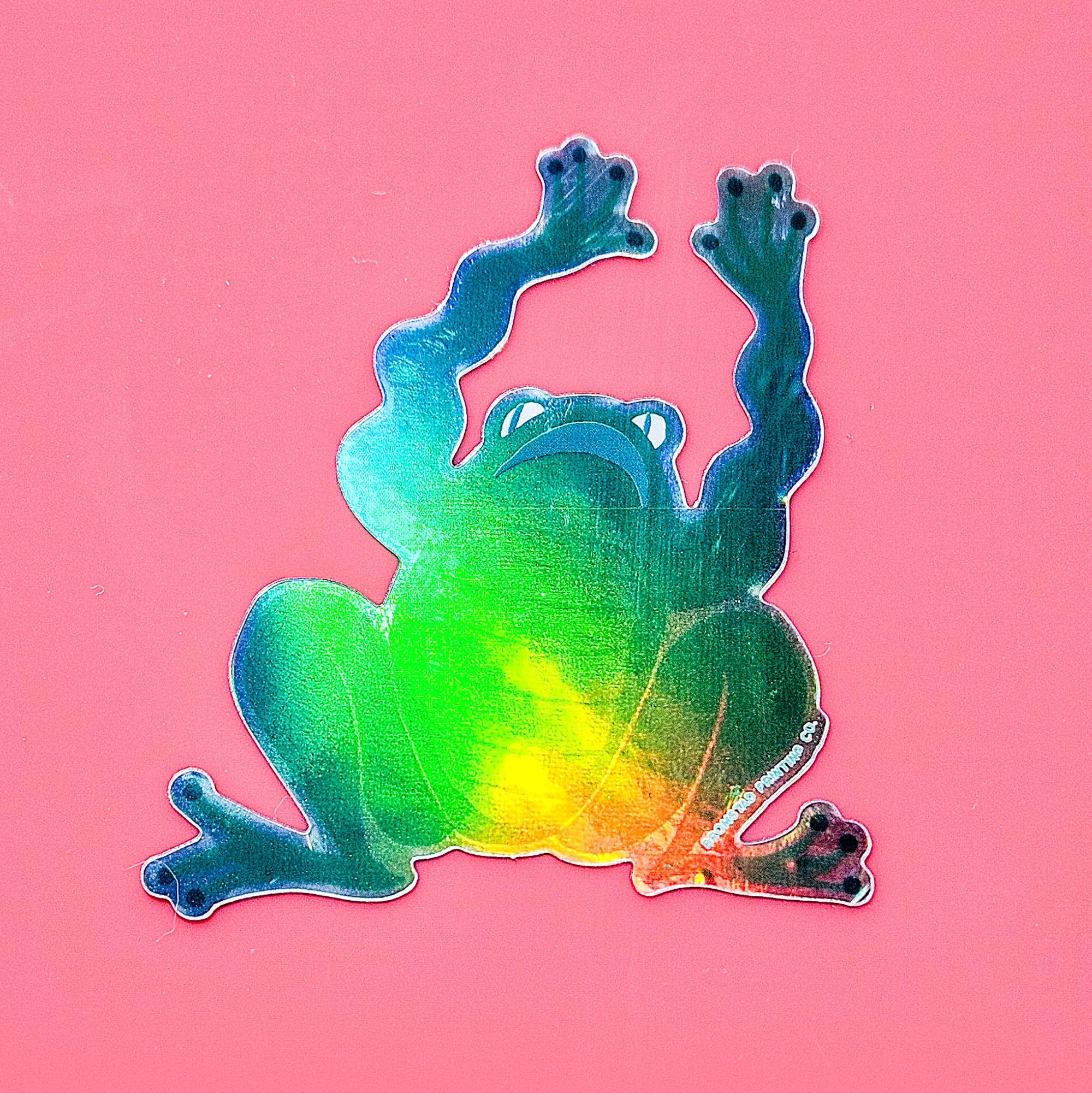Holographic frog sticker on a pink background