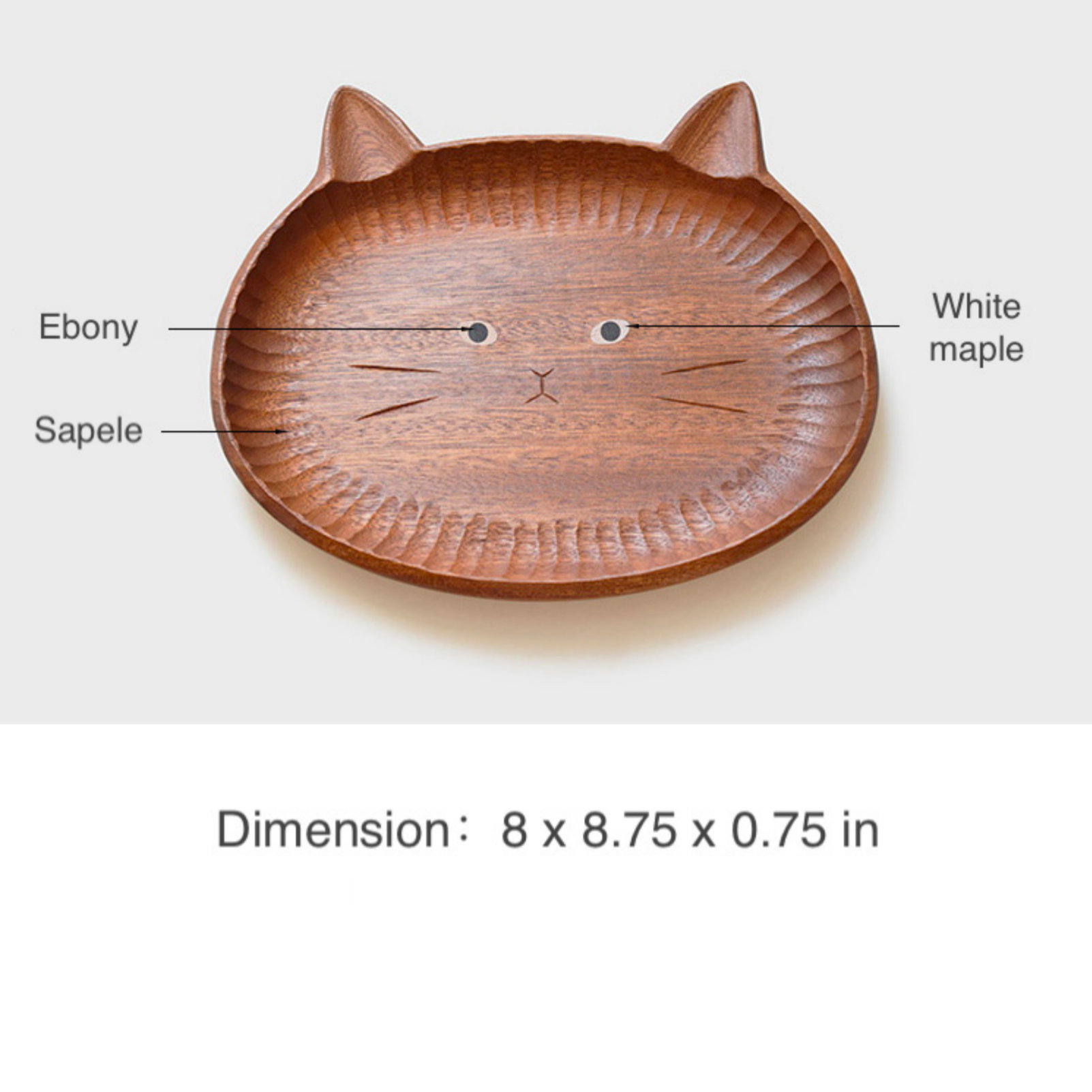 Wooden plate with cat ears and face design, labeled with wood types and dimensions.