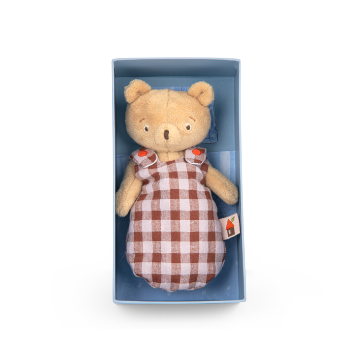Teddy bear in a checkered dress with a house label inside a blue box on a white background