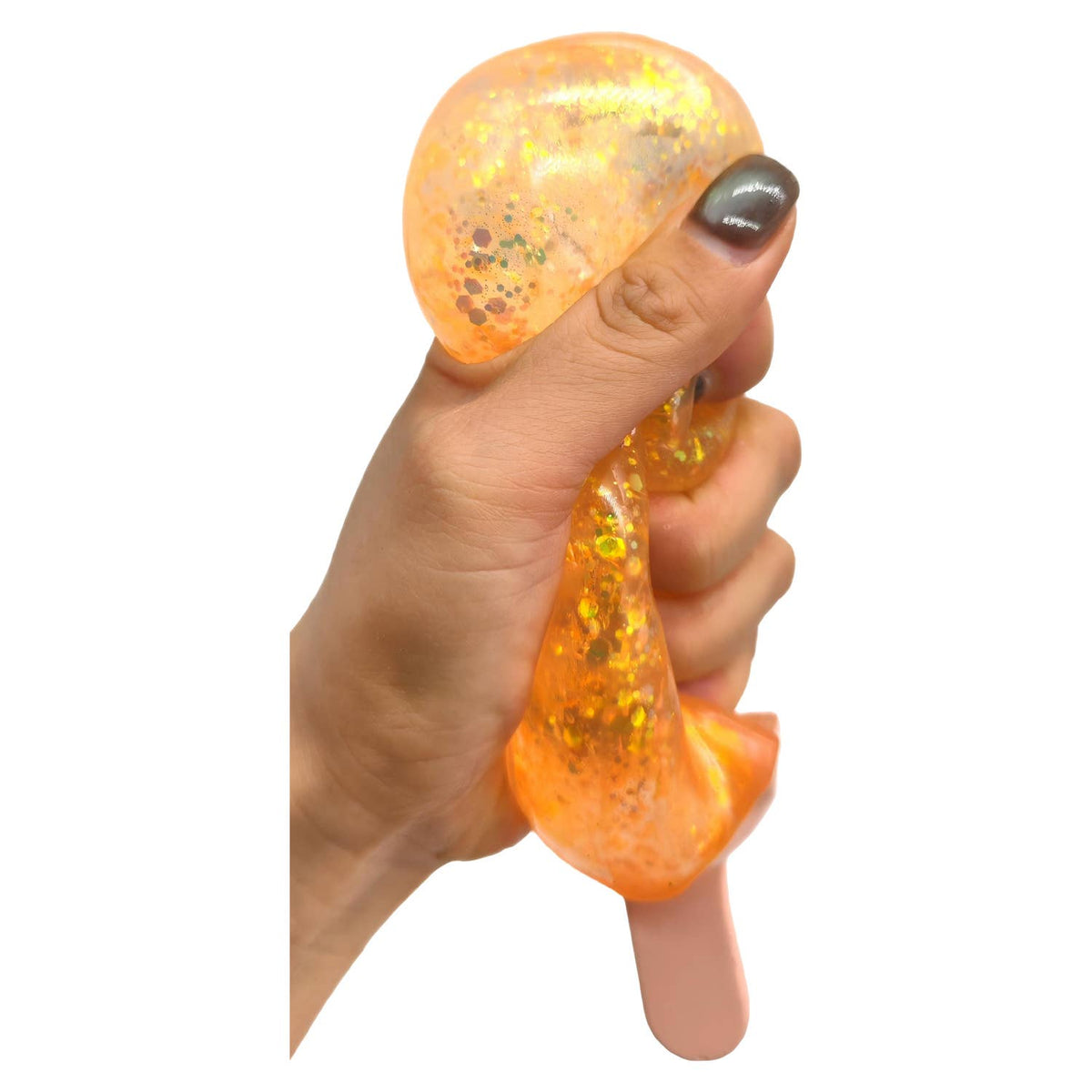 Hand holding a glowing orange stress ball against a white background