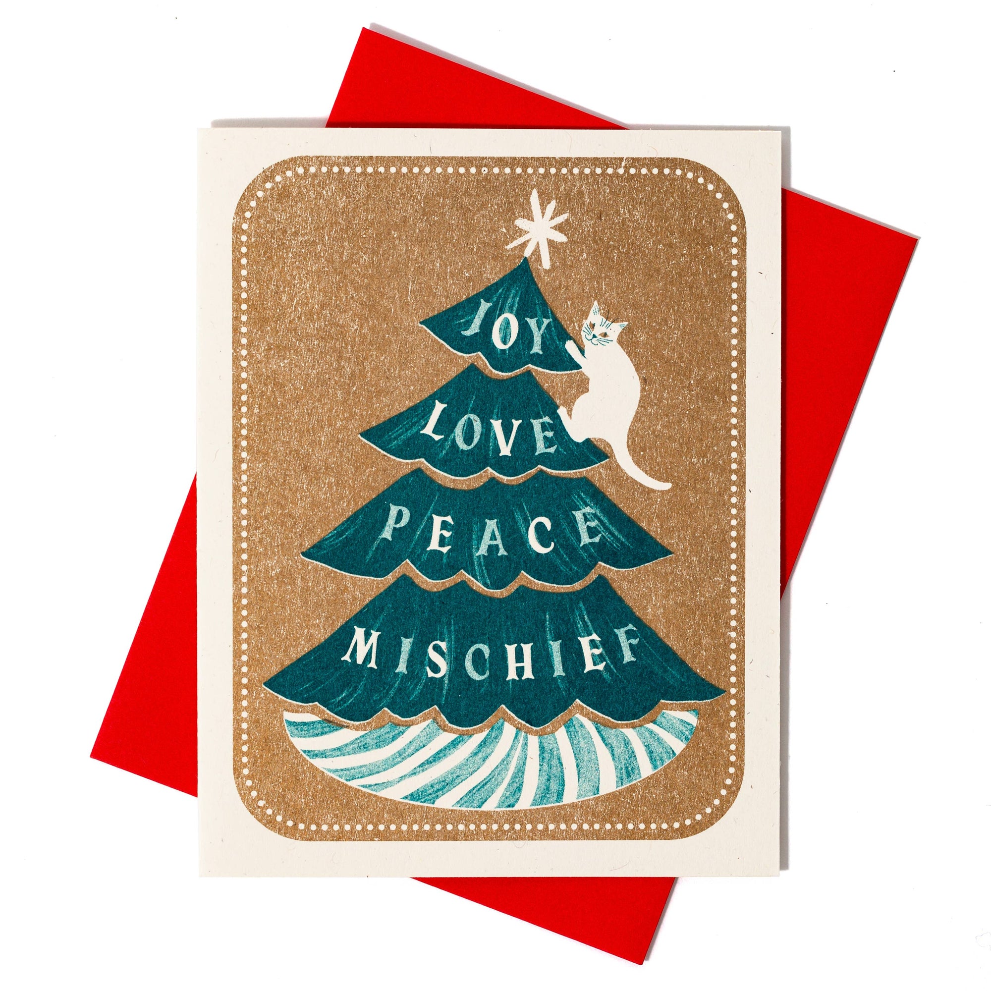 Greeting card with a Christmas tree design and text on a red envelope