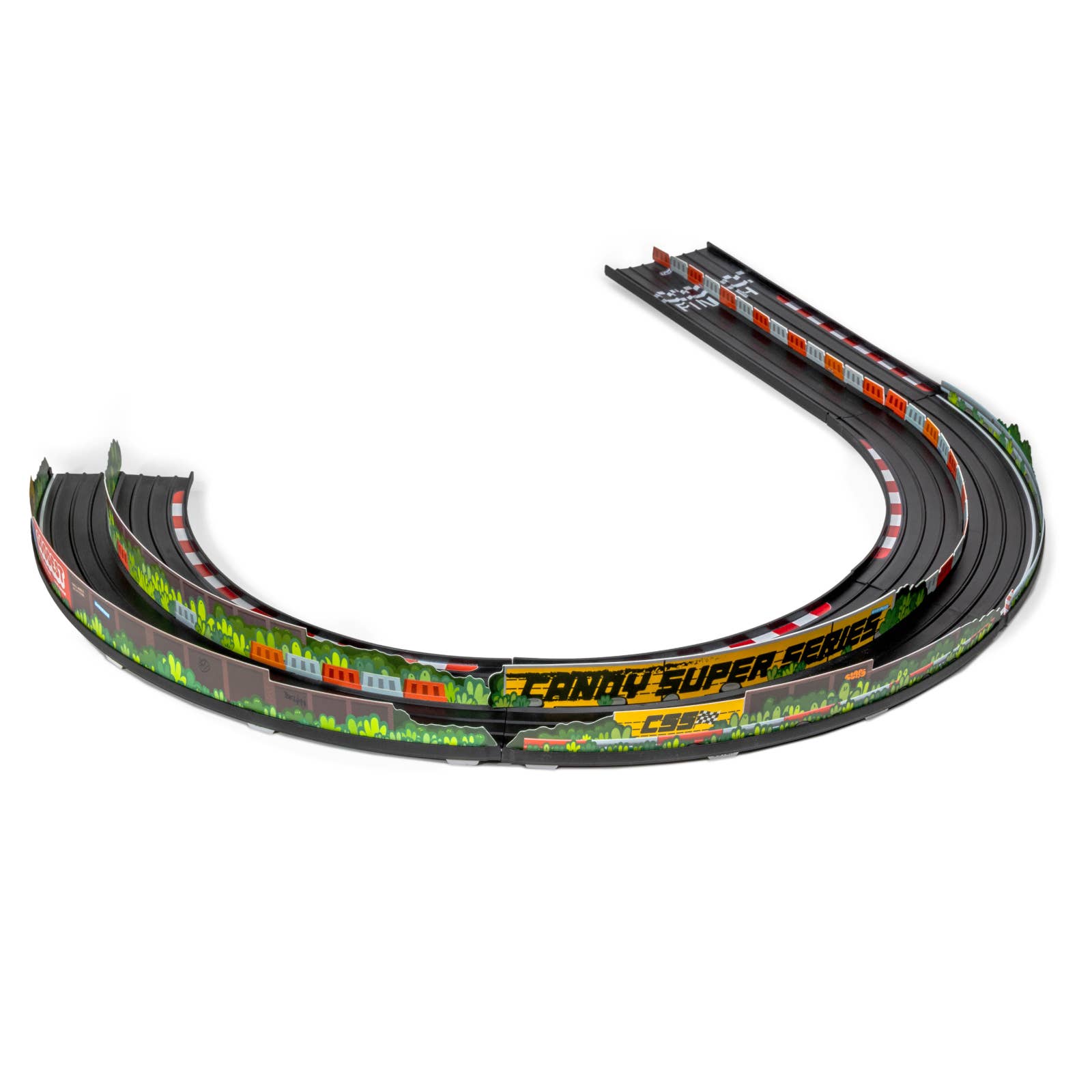 Model of a race track with 'Candy Super Series' branding on a white background