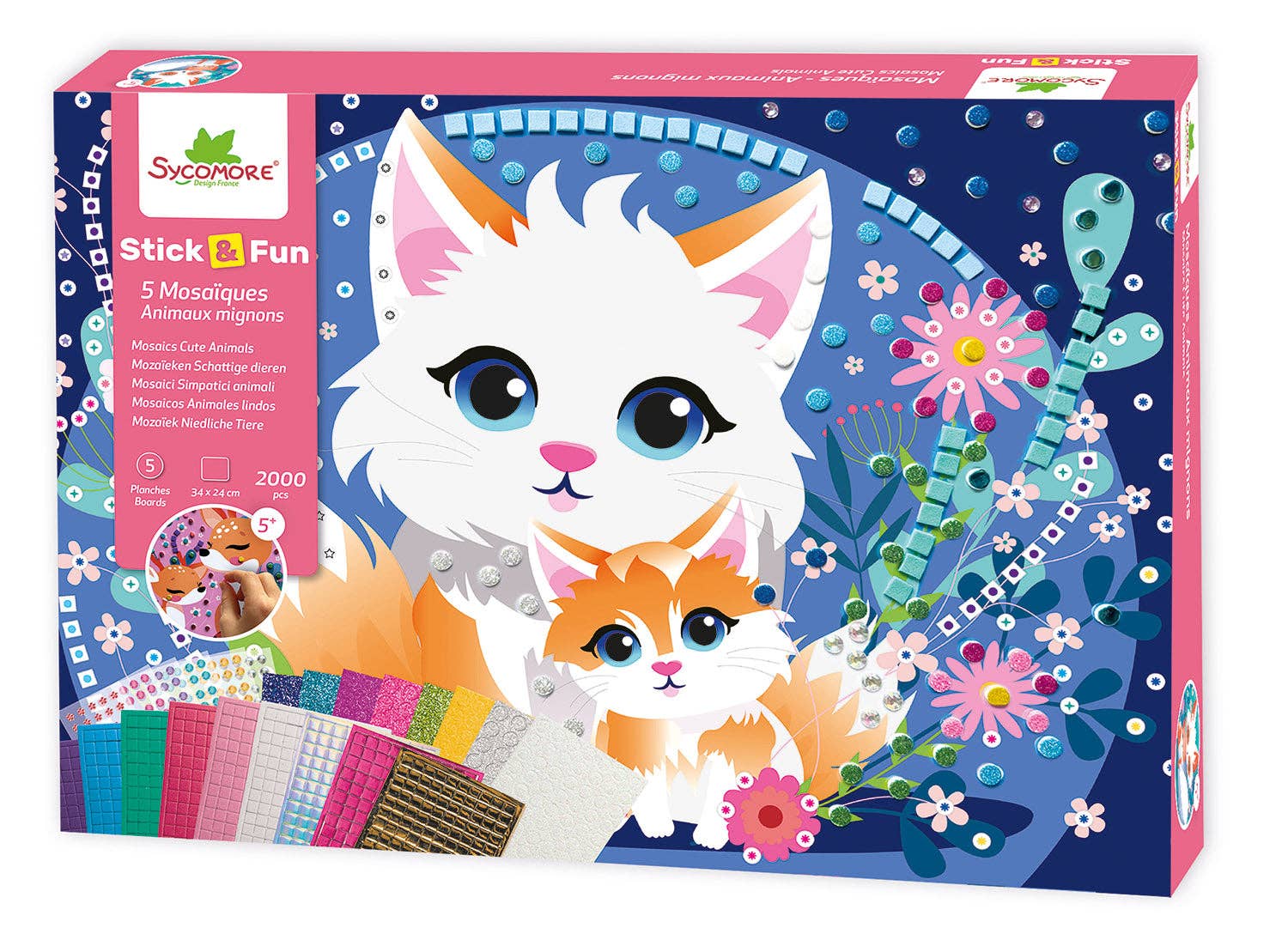 Box of Sycamore Stick & Fun craft kit with cartoon cats and flowers on a blue background