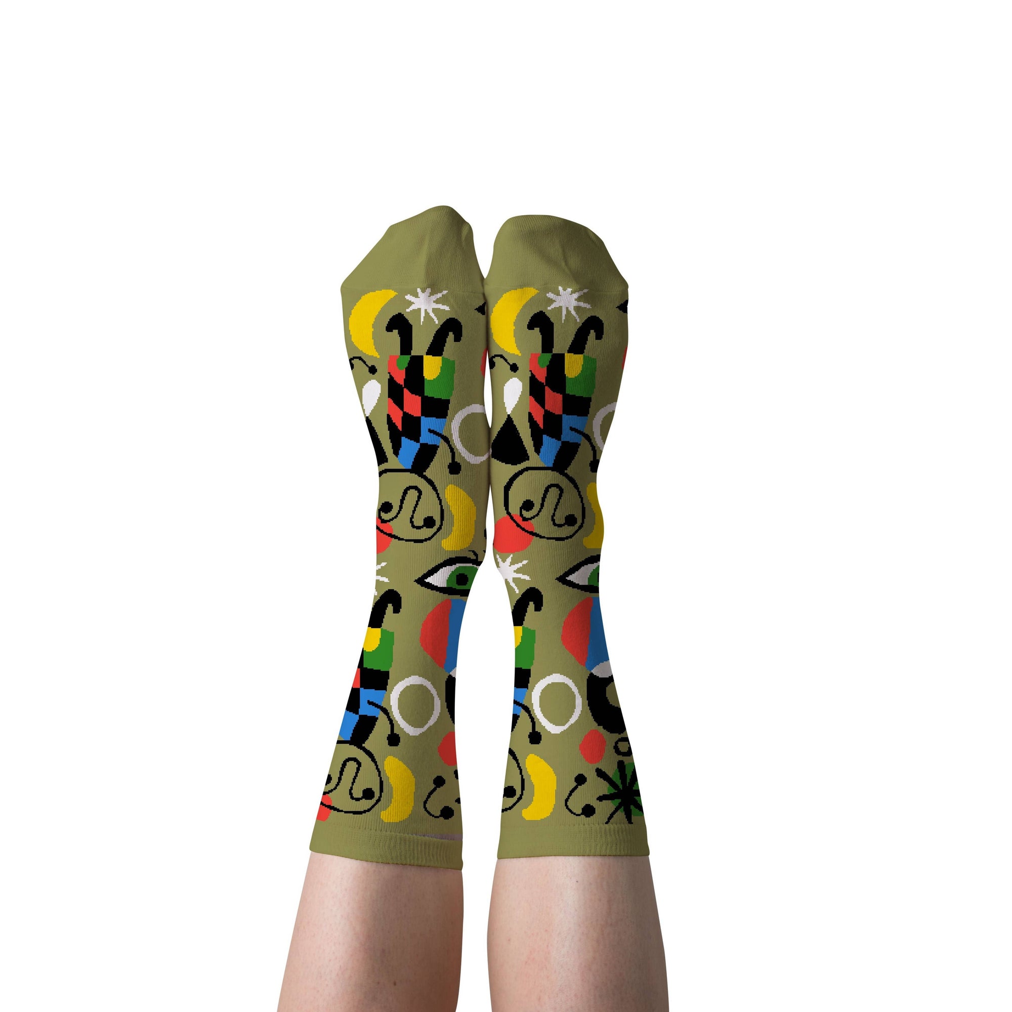 Colorful abstract-patterned socks on a white background