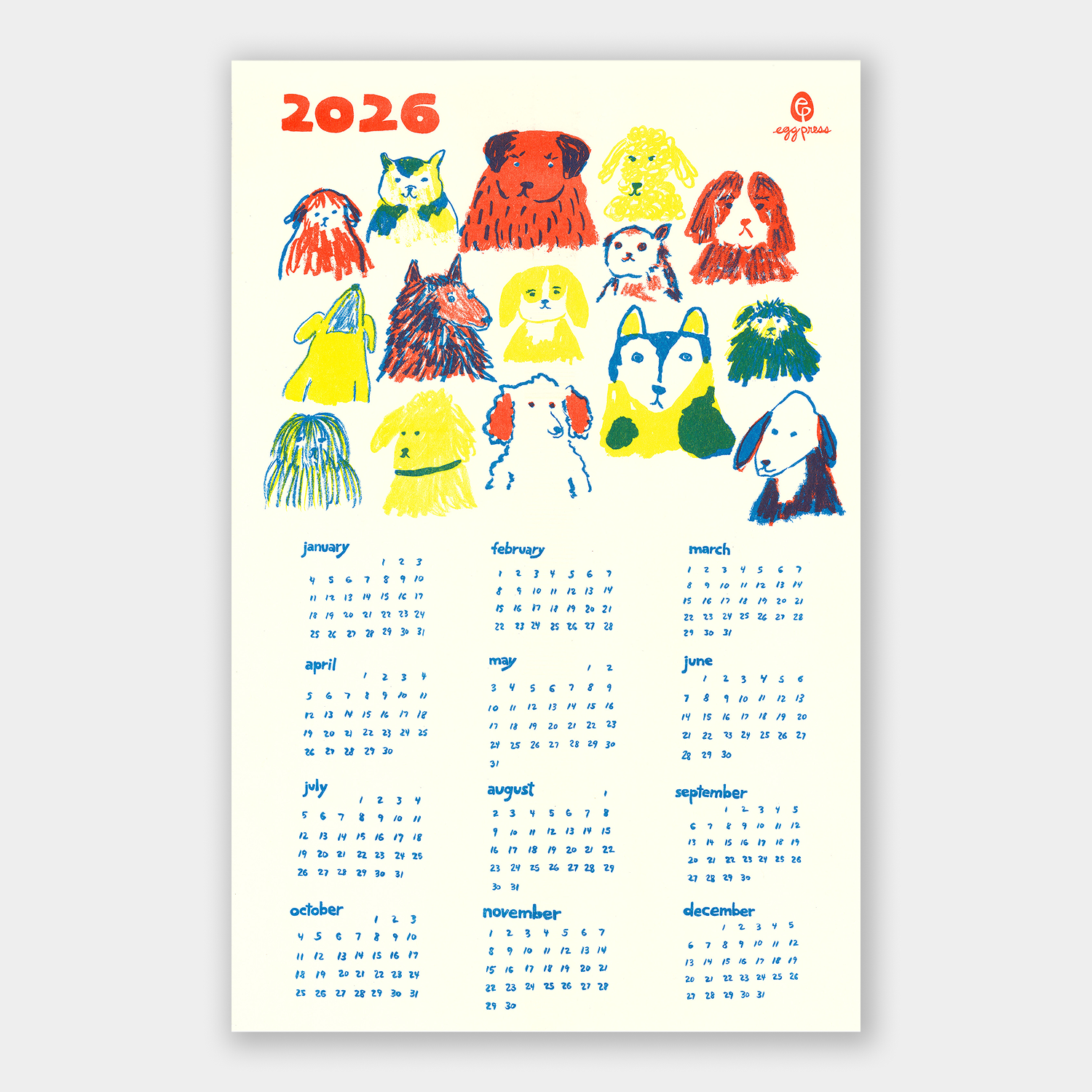 Calendar for 2026 with colorful dog illustrations on a white background