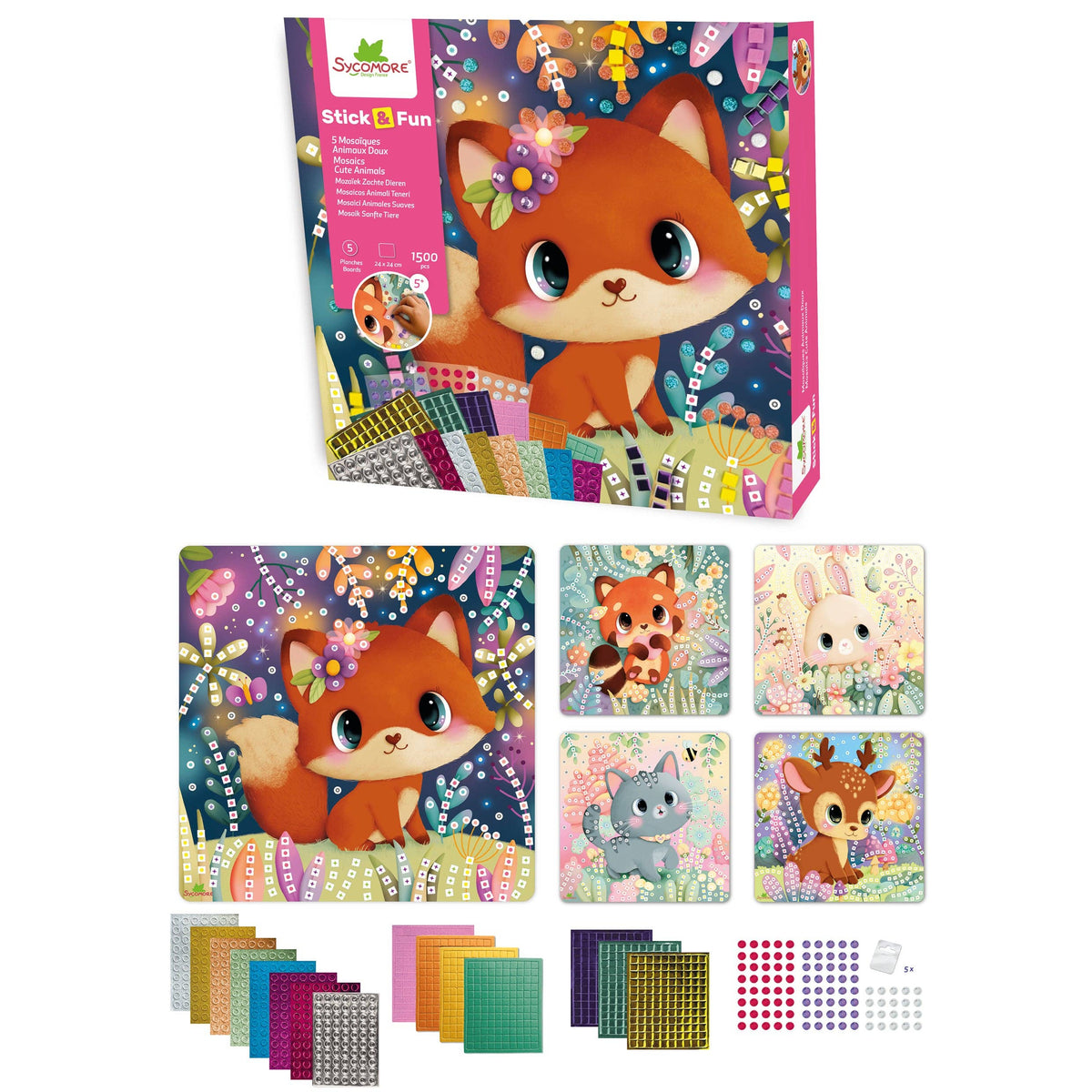A children's craft kit labeled 'Stick Fun' shown with its illustrated box, several finished animal-themed sticker sheets, a row of colored sticks, and small accessory pieces on a plain white background.