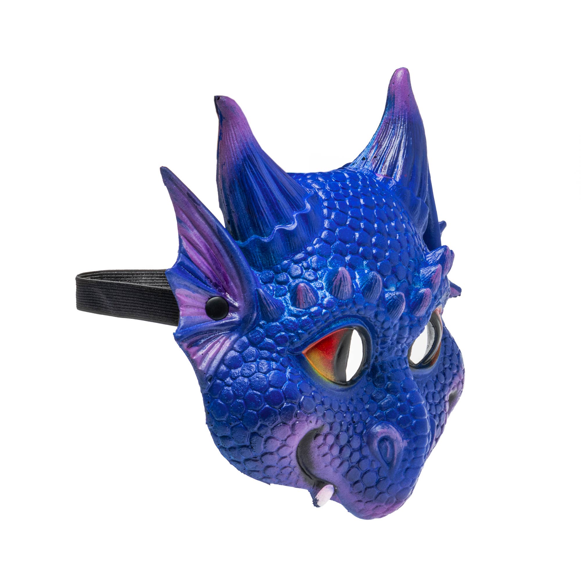 Blue dragon mask with purple accents on a white background