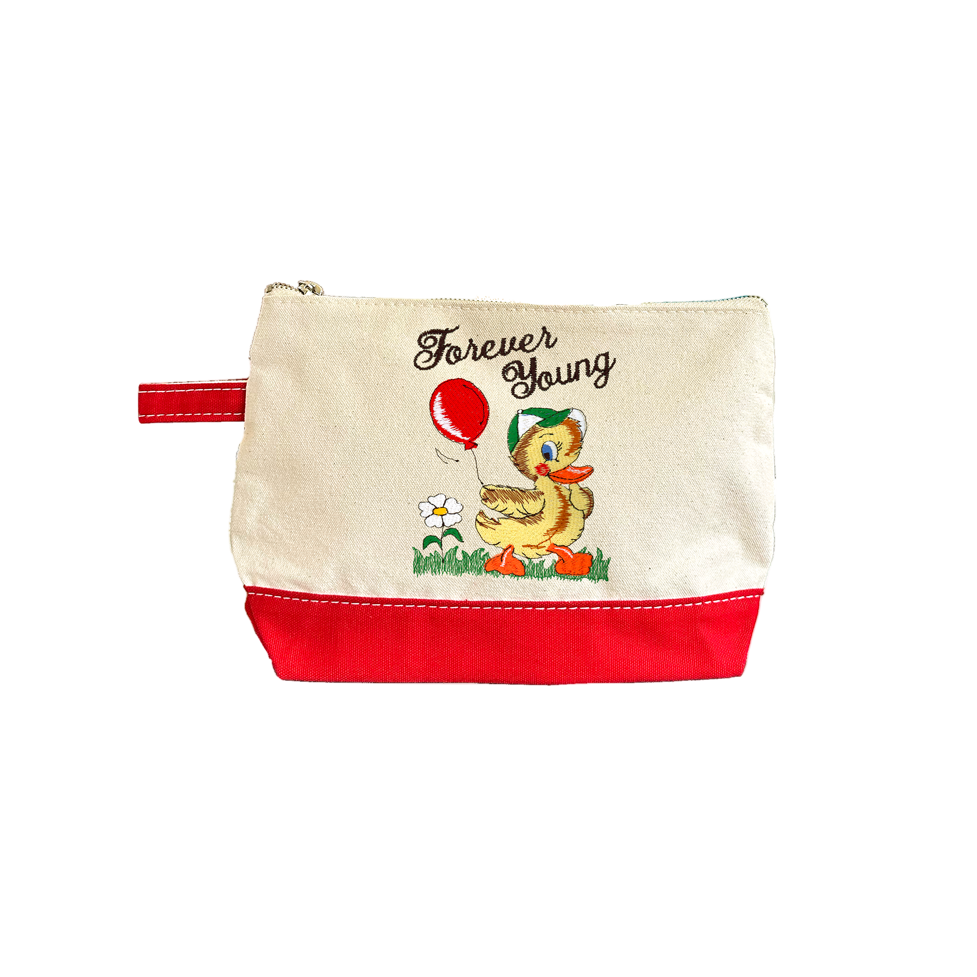Small pouch with duck illustration and 'Forever Young' text on a white background
