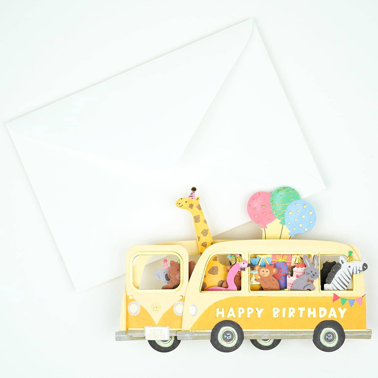 Birthday card with a yellow bus carrying animal toys and 'Happy Birthday' text.