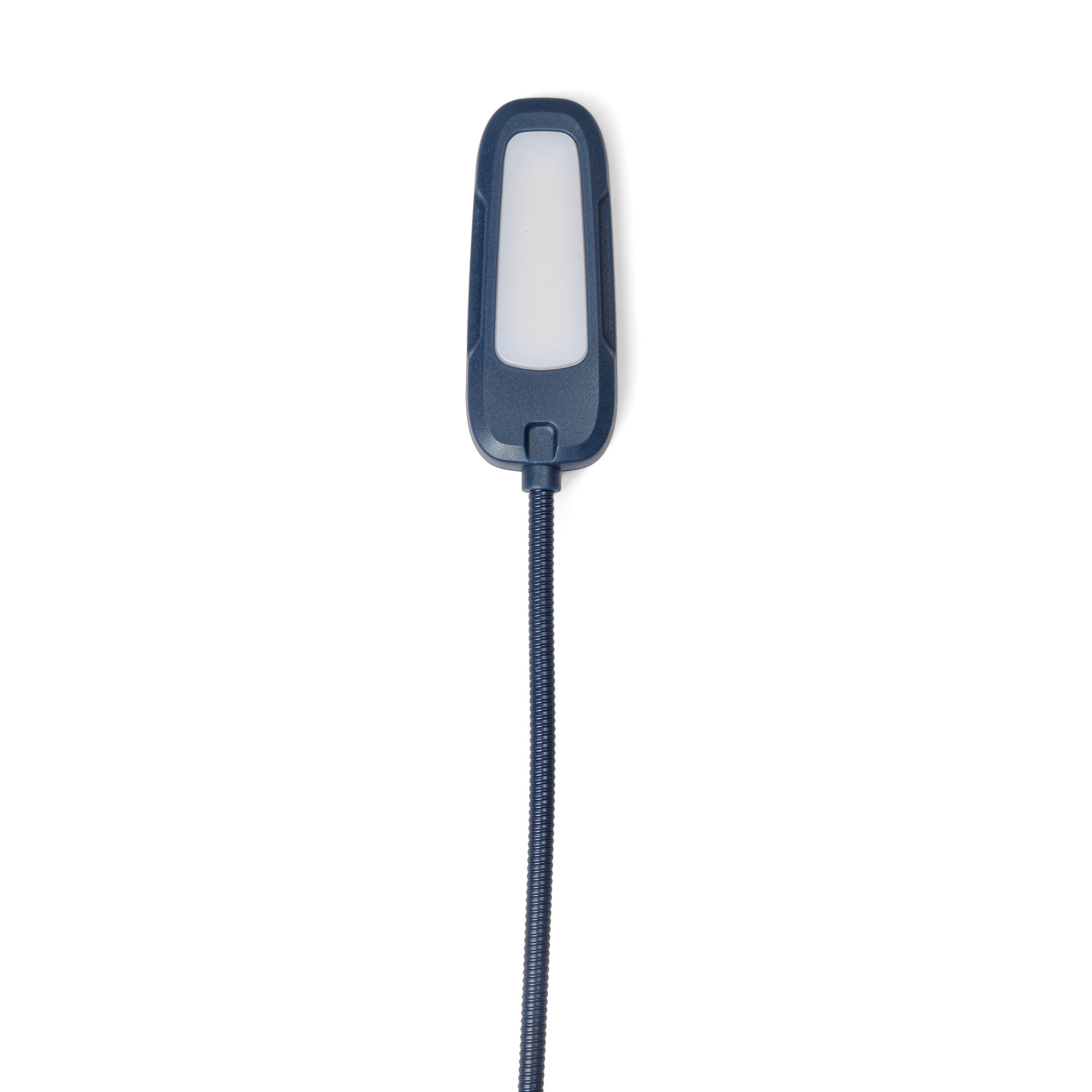 Small blue light with a black cord on a white background