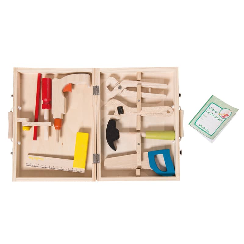 Wooden tool set with colorful tools in a box on a white background