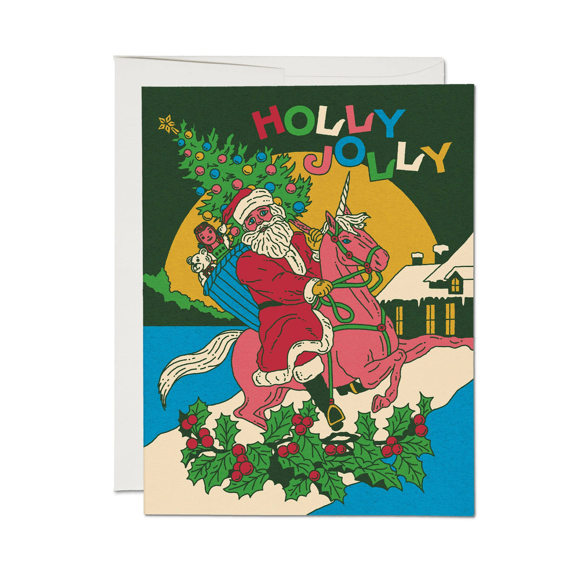Christmas card with Santa riding a unicorn, surrounded by holly and trees, with 'Holly Jolly' text at the top.
