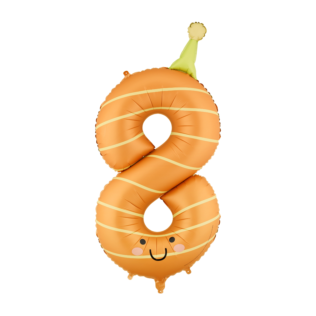 Orange balloon shaped like the number 8 with a face on a white background