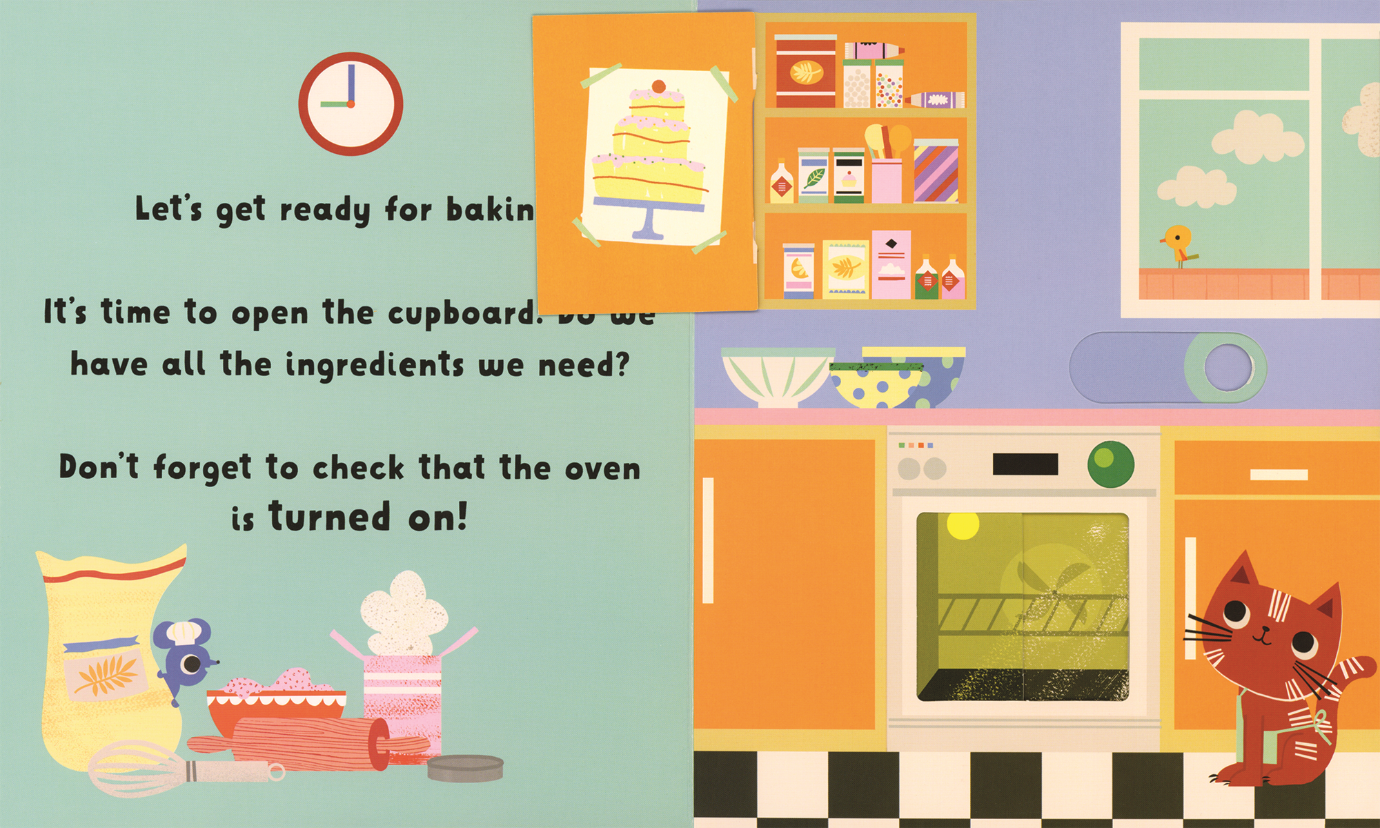 Illustration of a kitchen scene with a cat, oven, and text about baking.