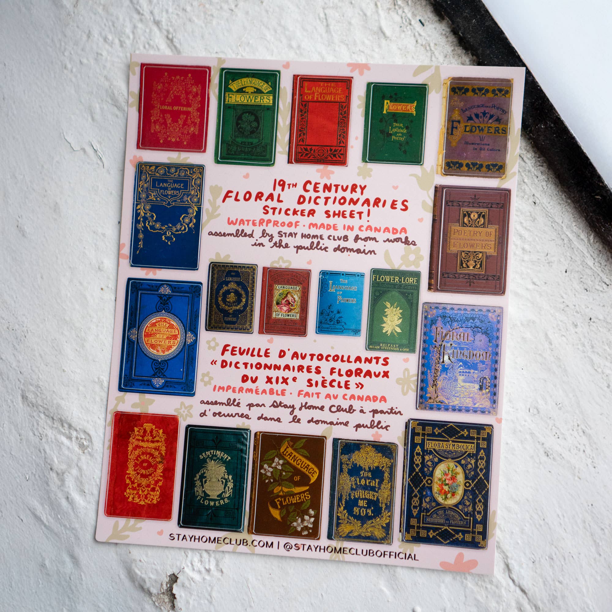 Sheet of 19th-century floral dictionaries stickers on a white background