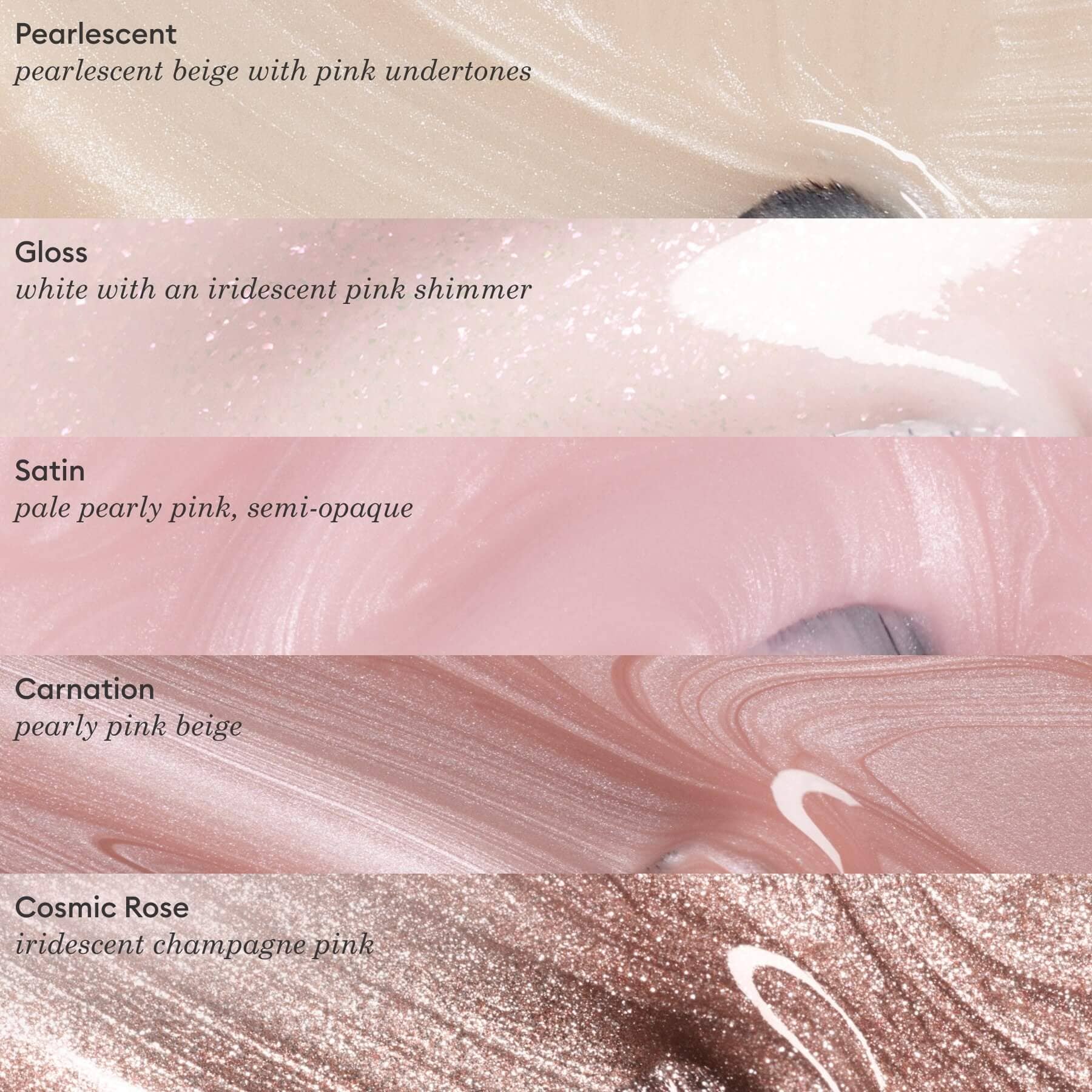 Color swatches of pink shades with descriptions on a beige background