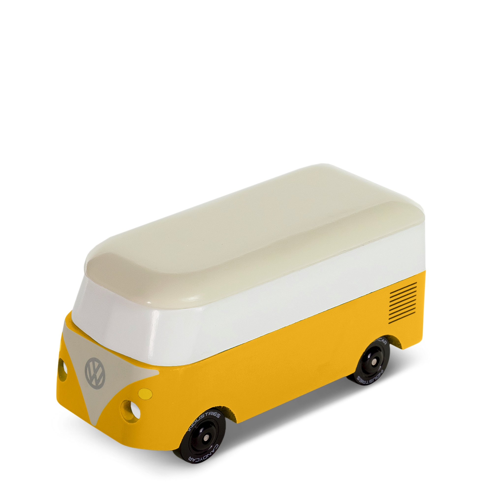 Yellow and white model van on a white background