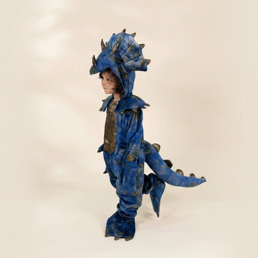 A child wearing a blue dinosaur costume with a hood, spiked back, tail, and clawed feet, photographed against a plain light beige studio background.