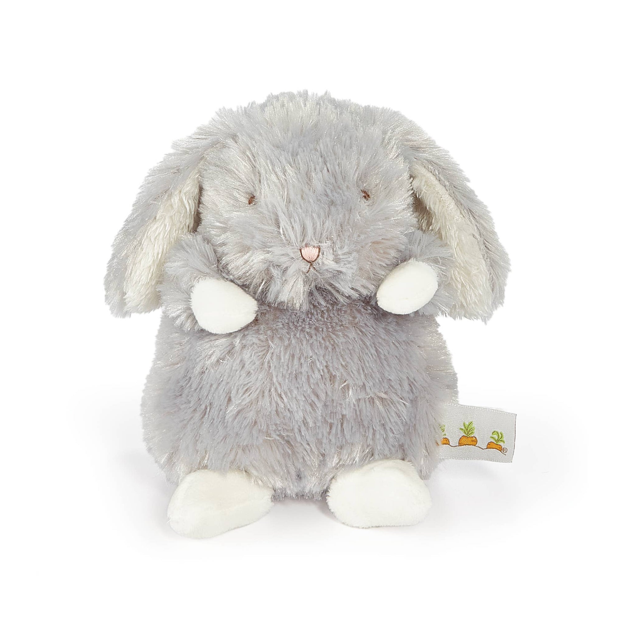 Plush gray bunny toy with white paws on a white background