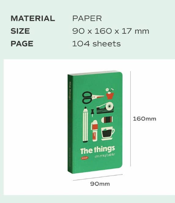 Green notebook with illustrations and text on a light green background