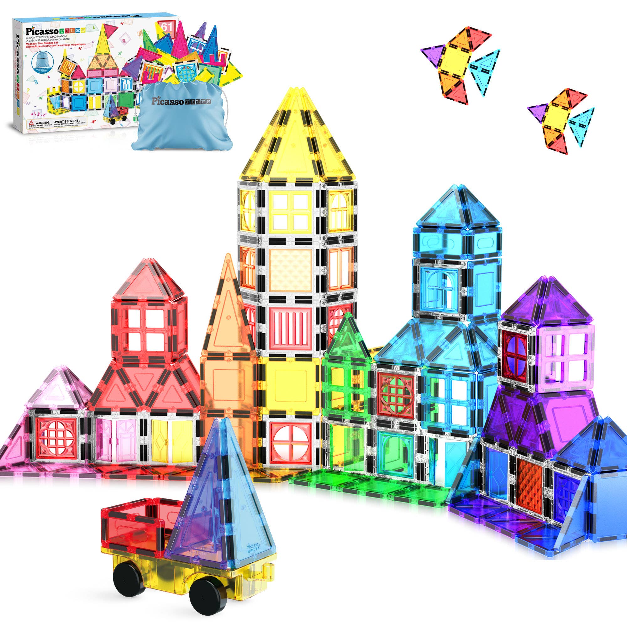 Colorful magnetic building blocks set with a toy truck on a white background