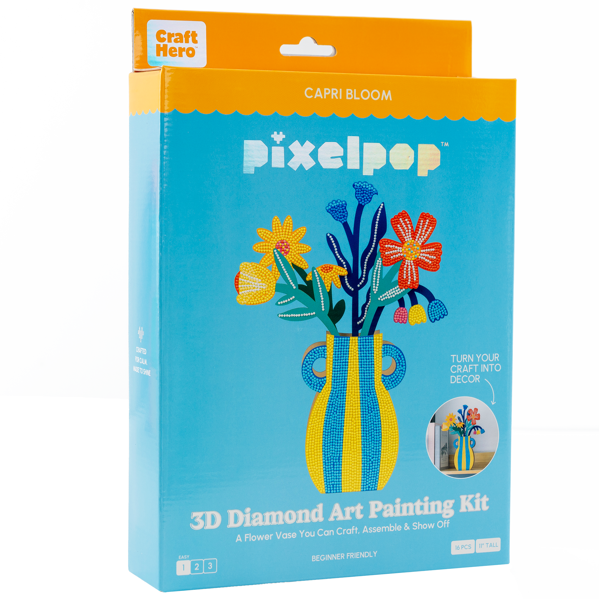 Pixelpop 3D Diamond Art Painting Kit packaging with a flower vase design on a blue background.