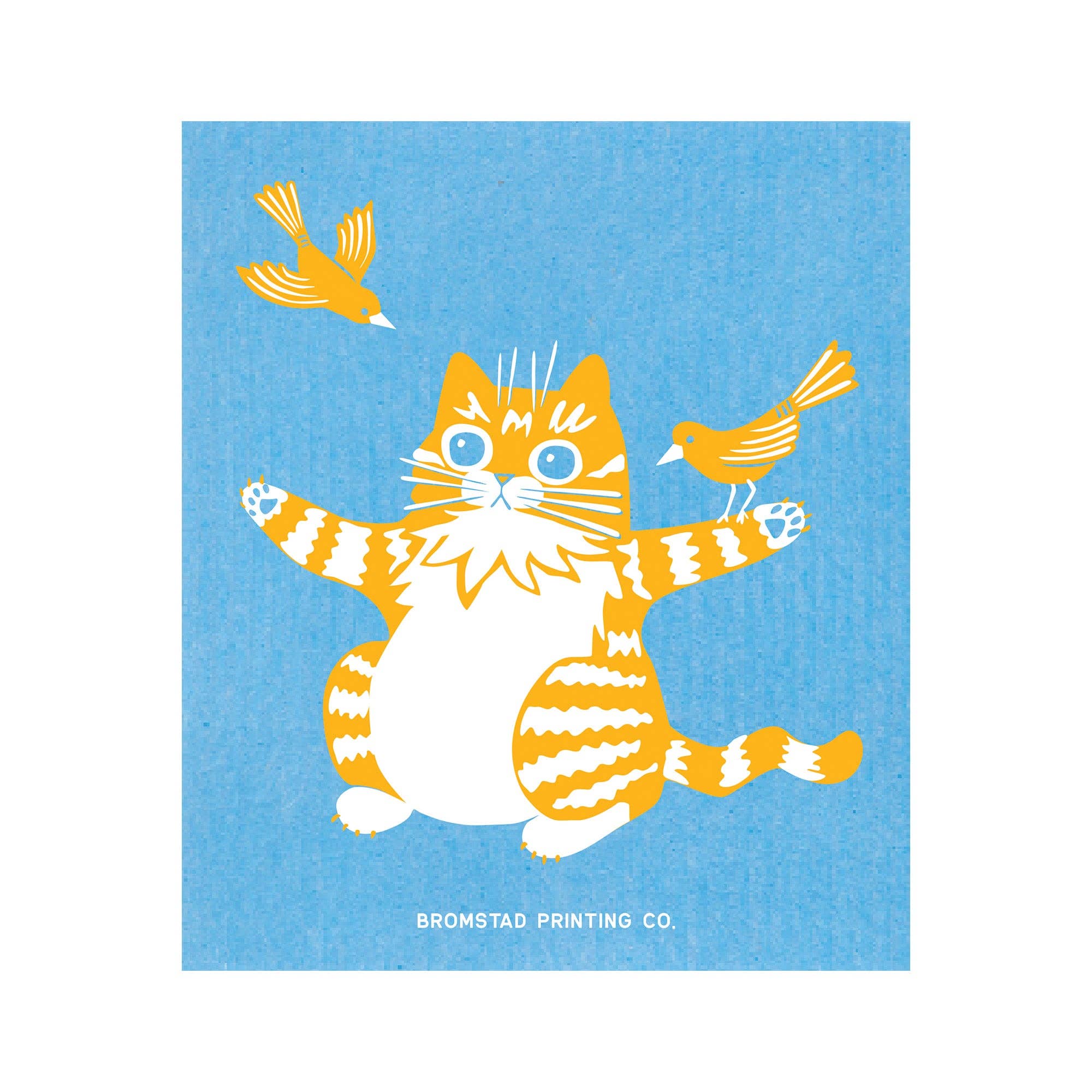 Illustration of a cat with birds on a blue background, featuring the Bromstad Printing Co. logo.