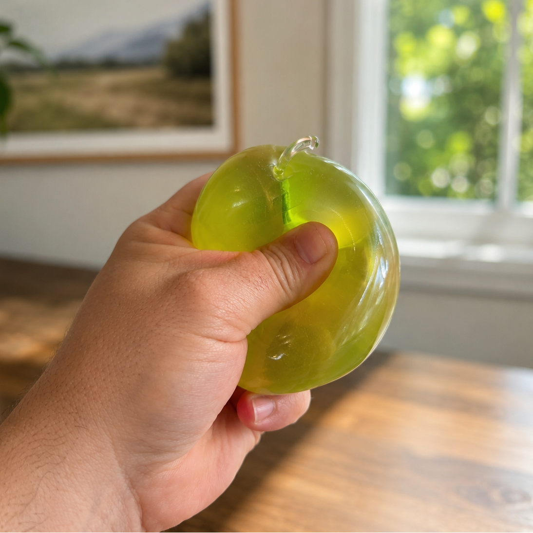 Hand holding a green stress ball in a room with a window and plant