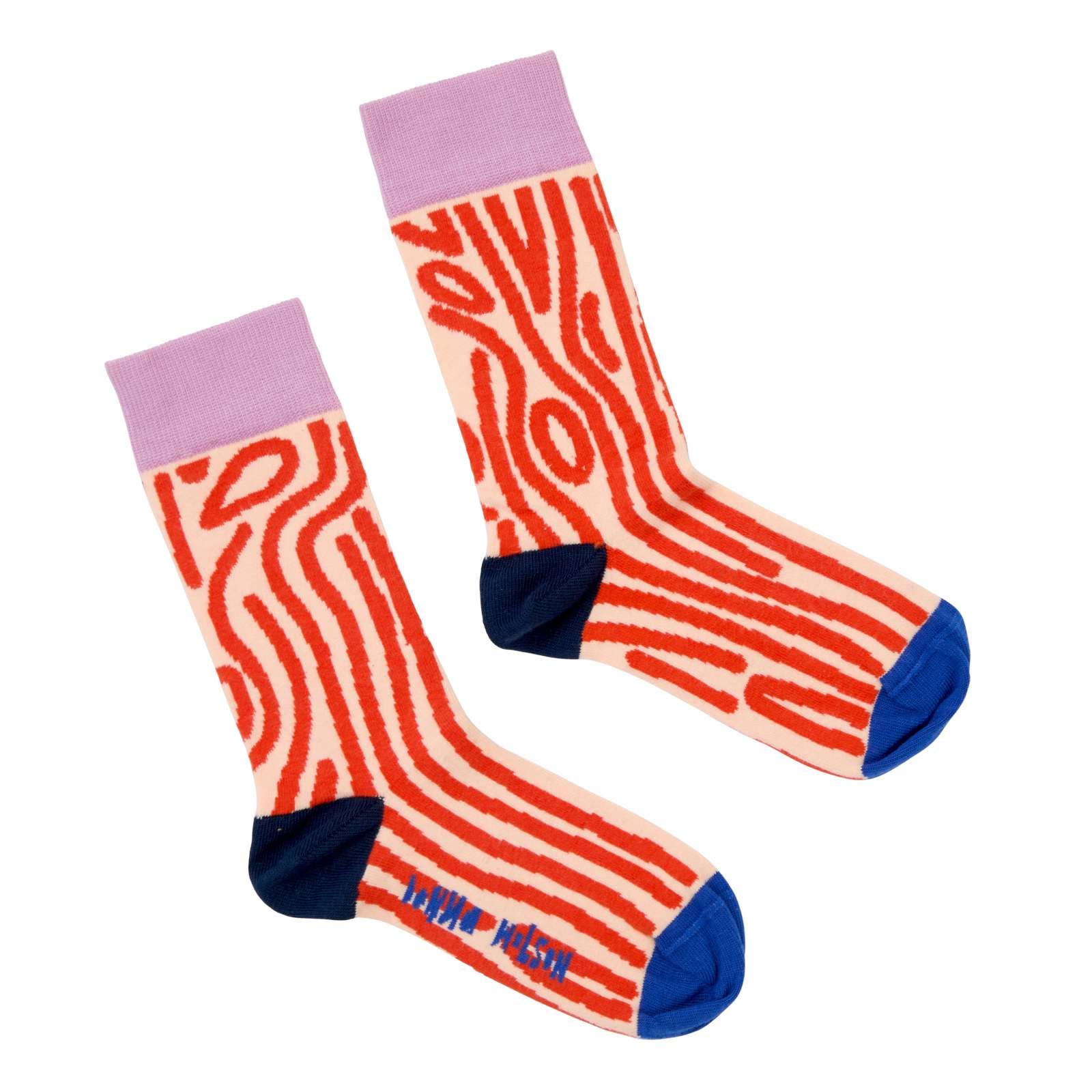Pair of socks with red and white striped pattern on a white background