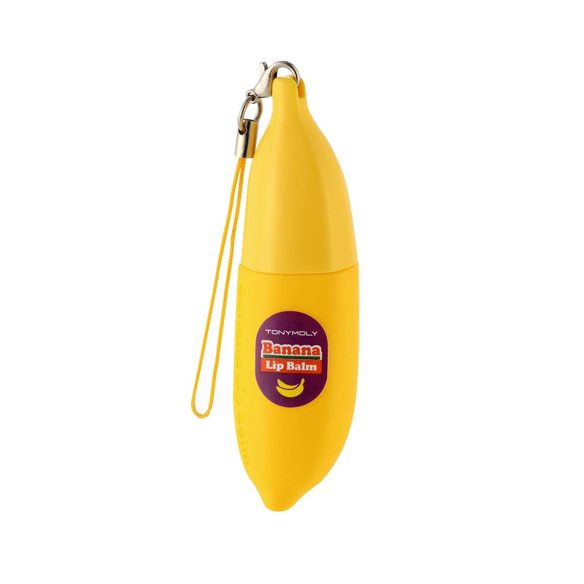 Yellow banana-shaped lip balm with a strap on a white background