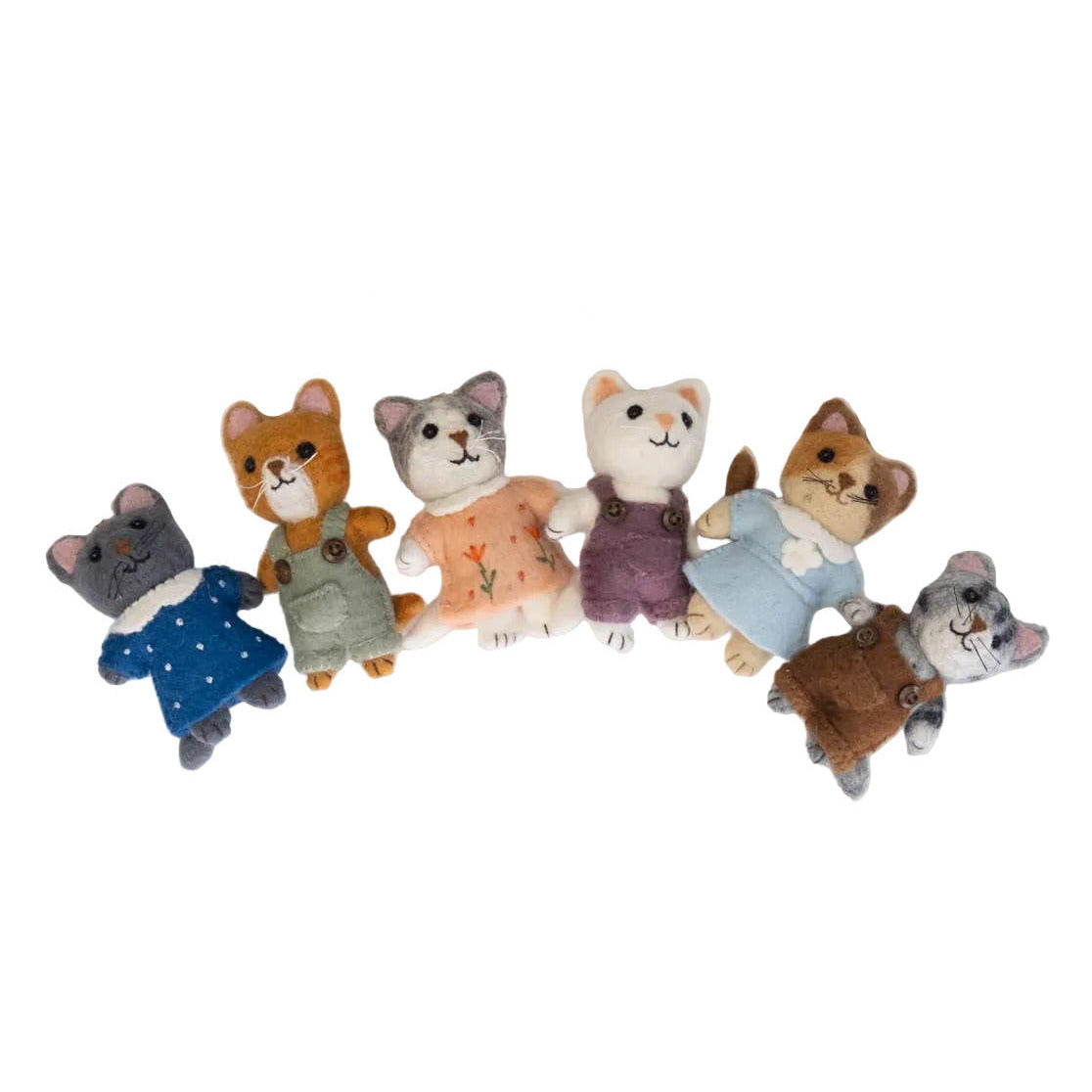 Set of small animal plush toys with clothes on a white background