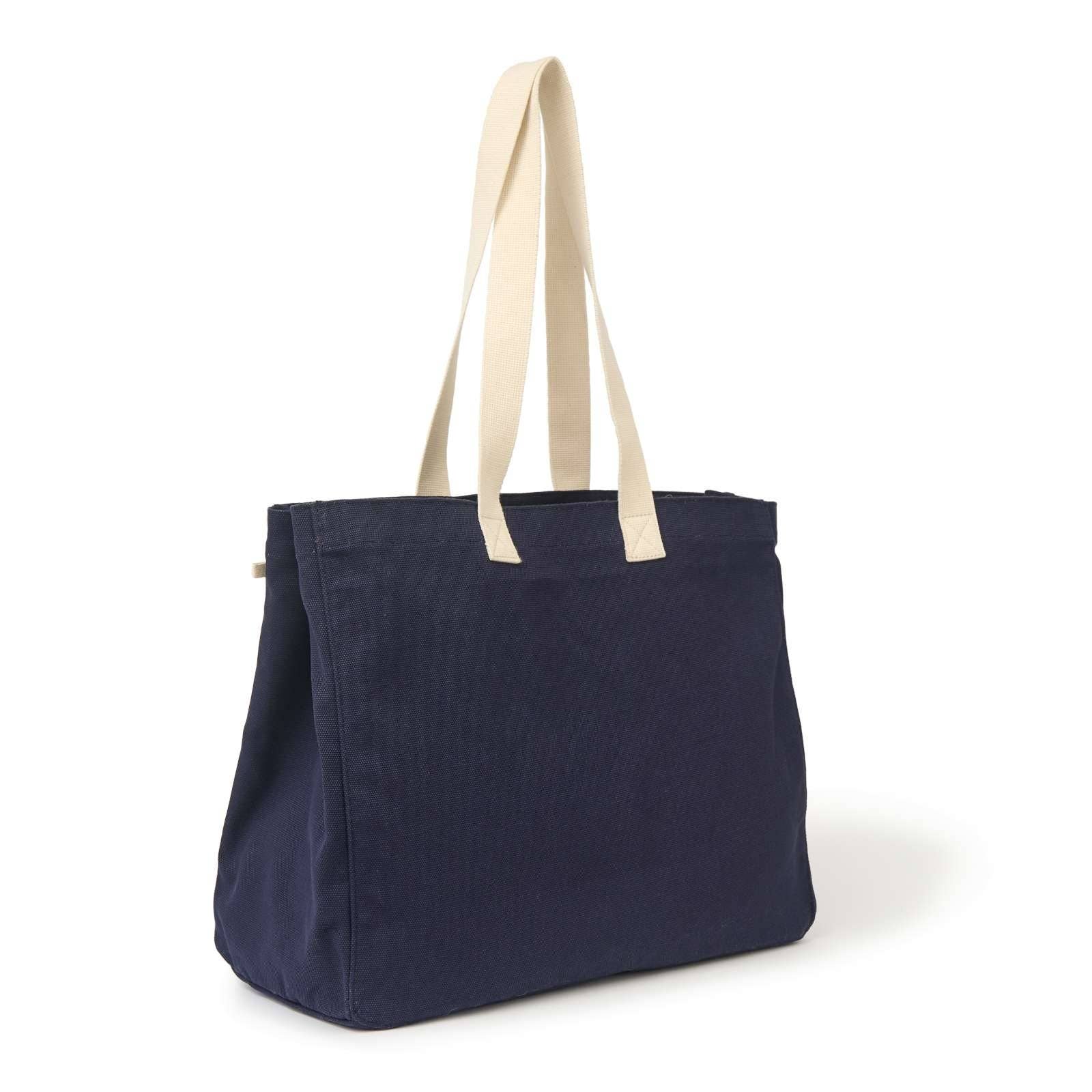 Navy tote bag with beige handles on a white background