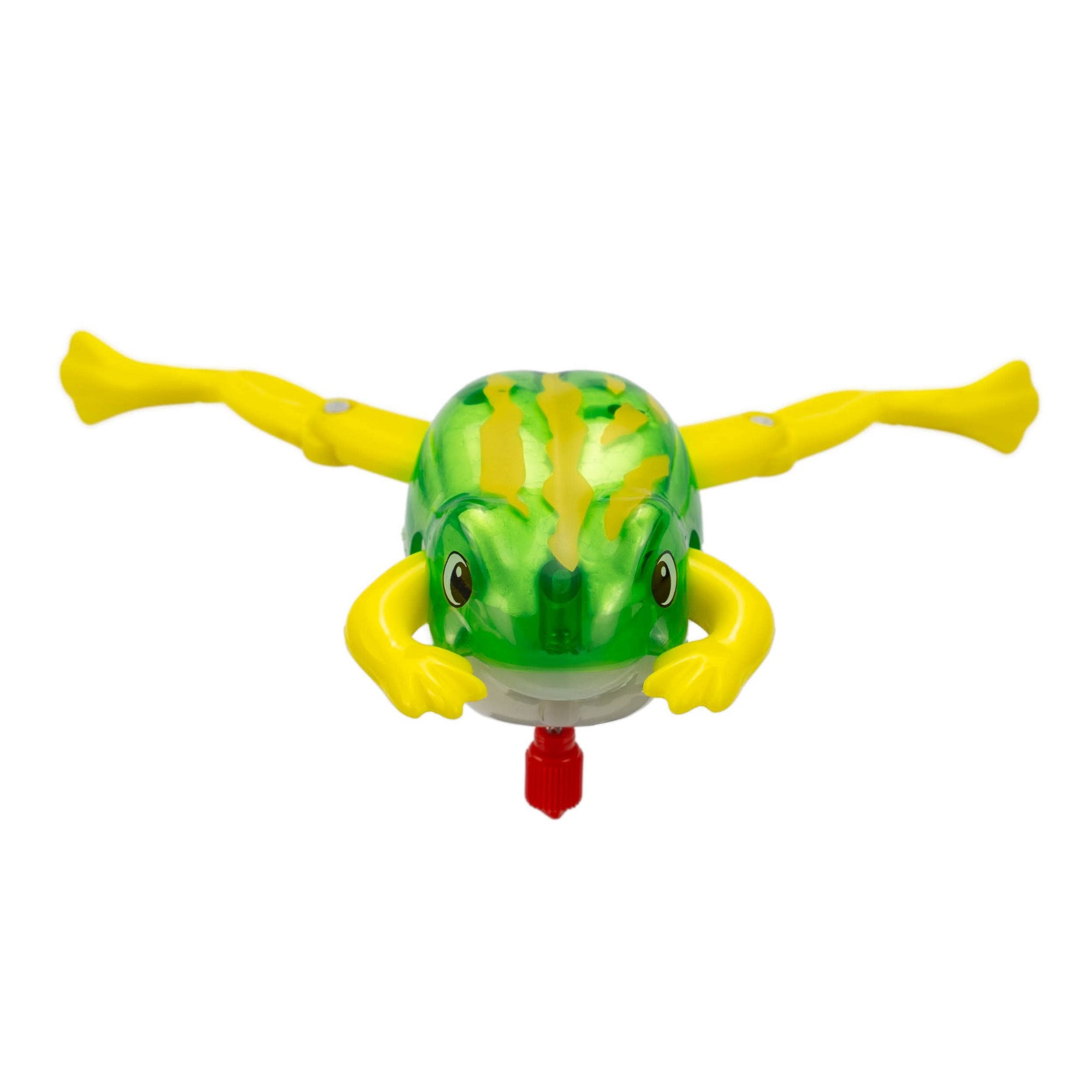Toy frog with yellow arms and legs on a white background