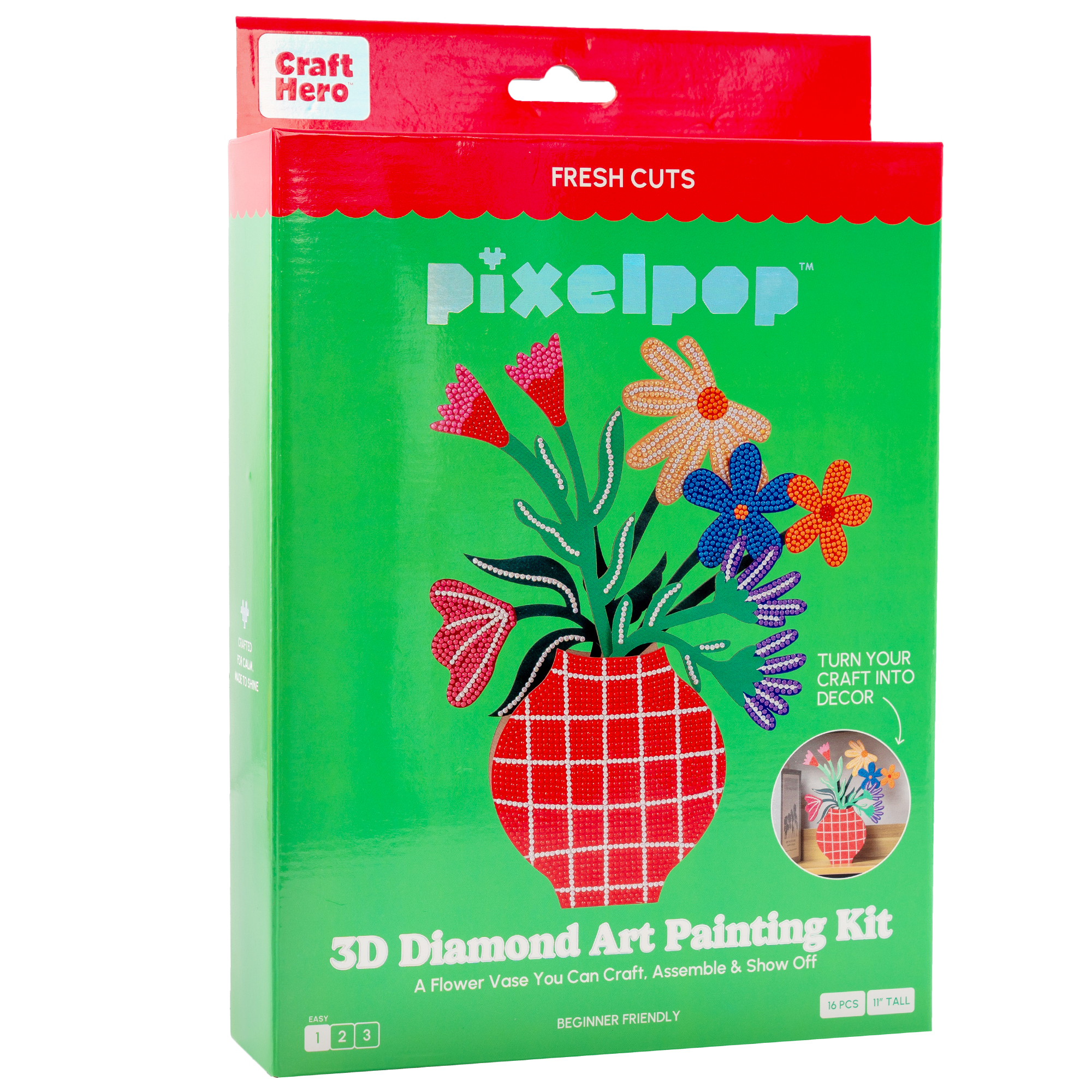 Pixelpop 3D Diamond Art Painting Kit packaging with a flower vase design on a green background.