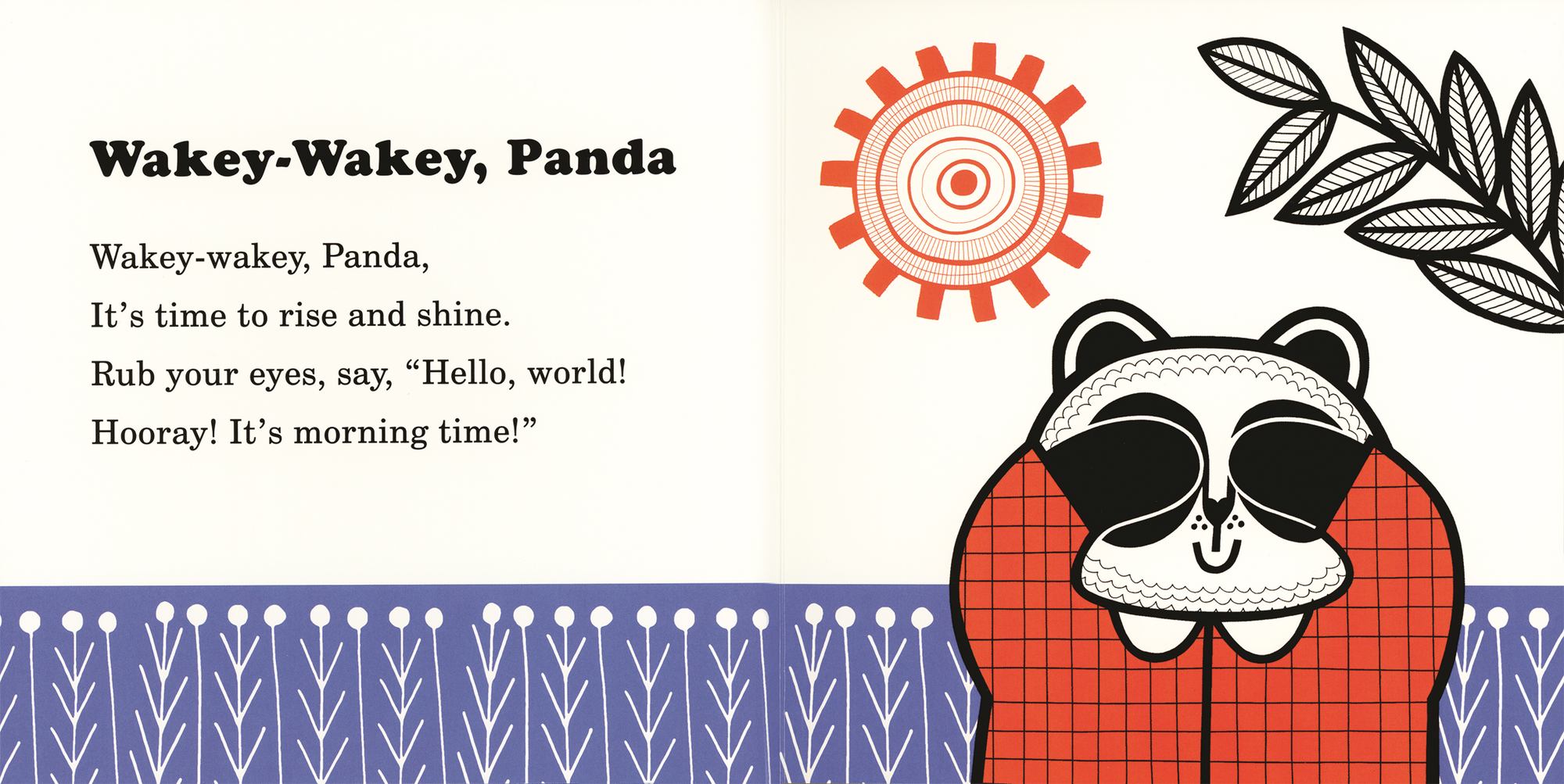 Children's book page with a panda character and text about waking up.