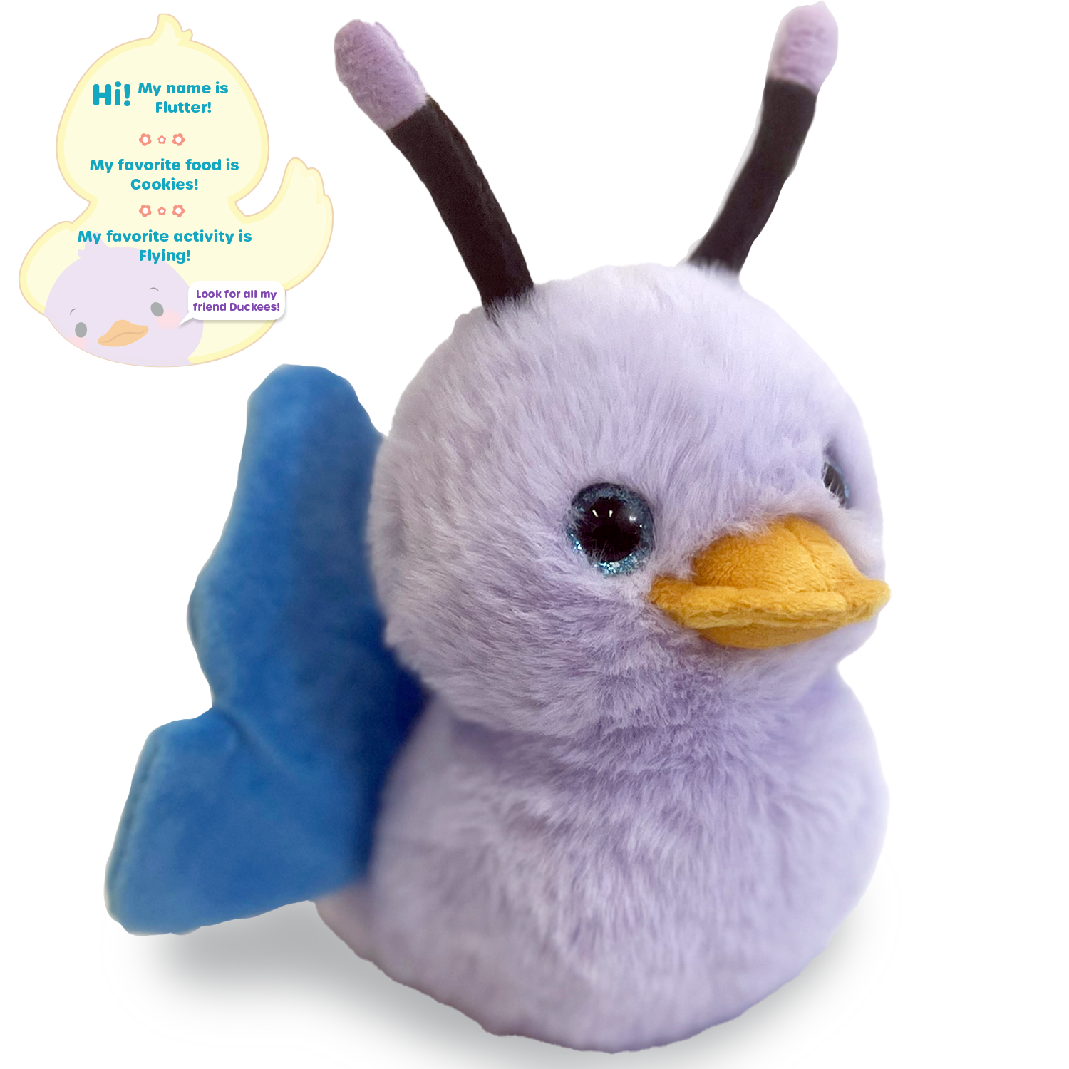 Plush toy butterfly with a duck-like face on a white background