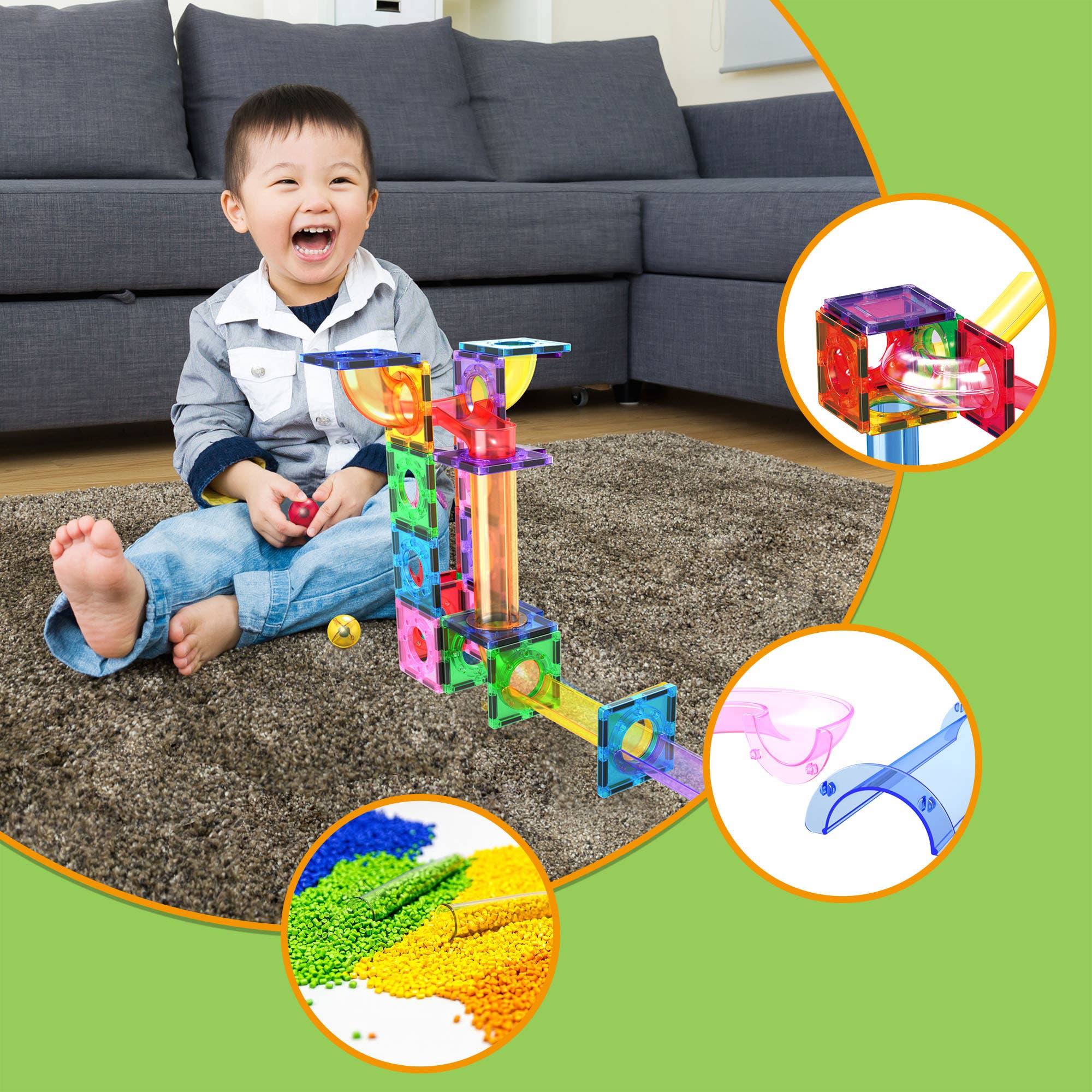 Child playing with a colorful marble run toy set on a carpeted floor.