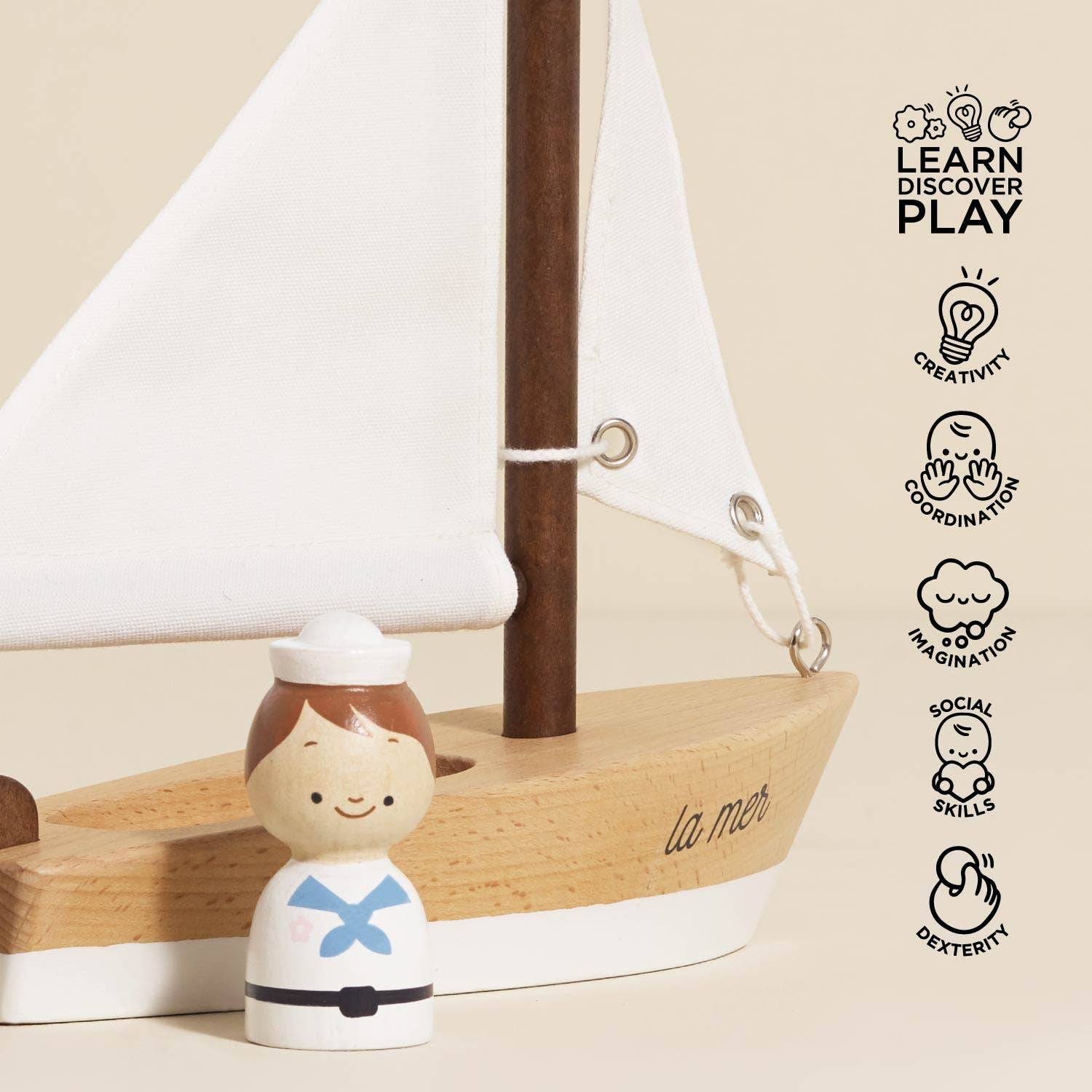 Small figurine of a child in a sailor outfit next to a wooden sailboat model with educational icons and text.