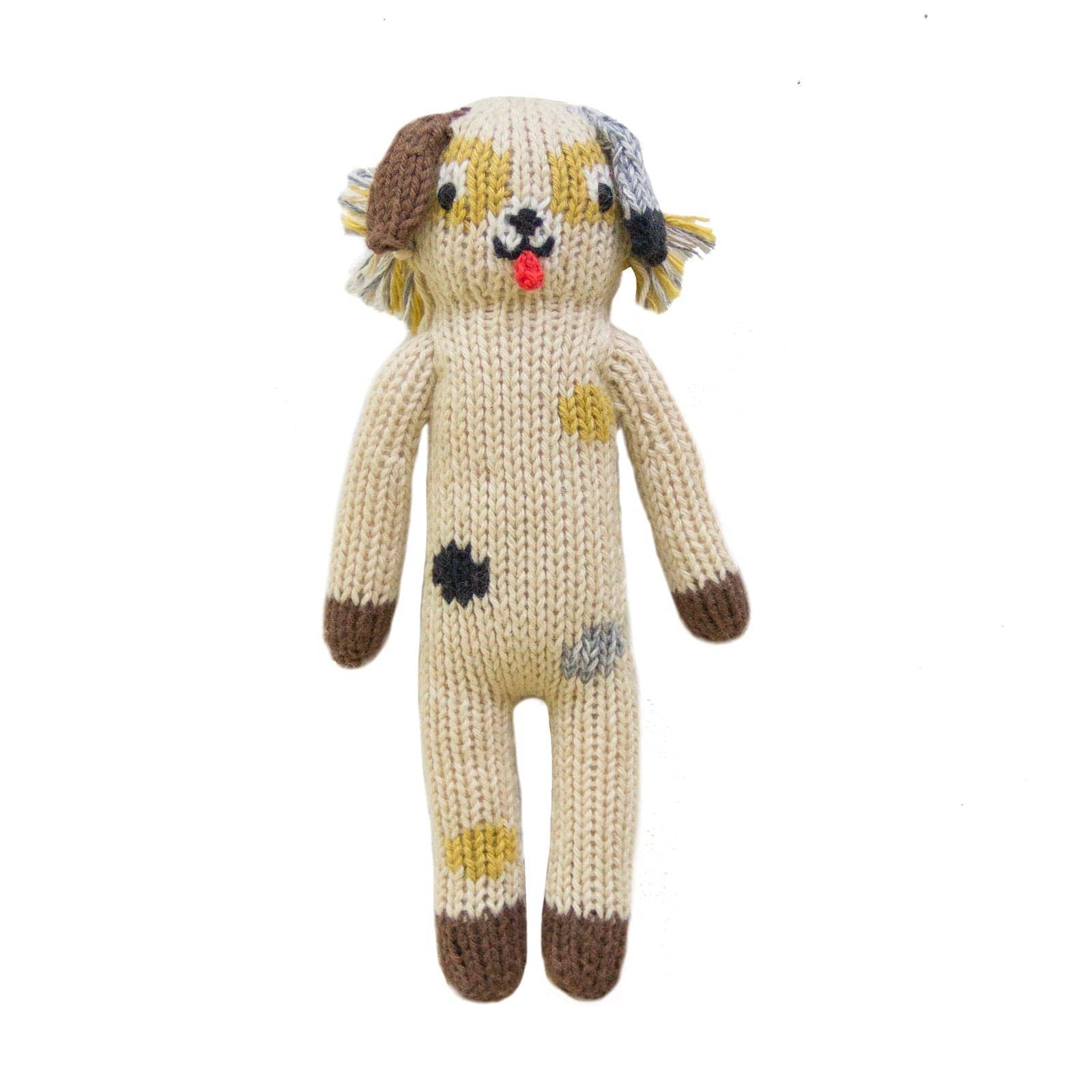 Knitted dog toy with brown and black spots on a white background