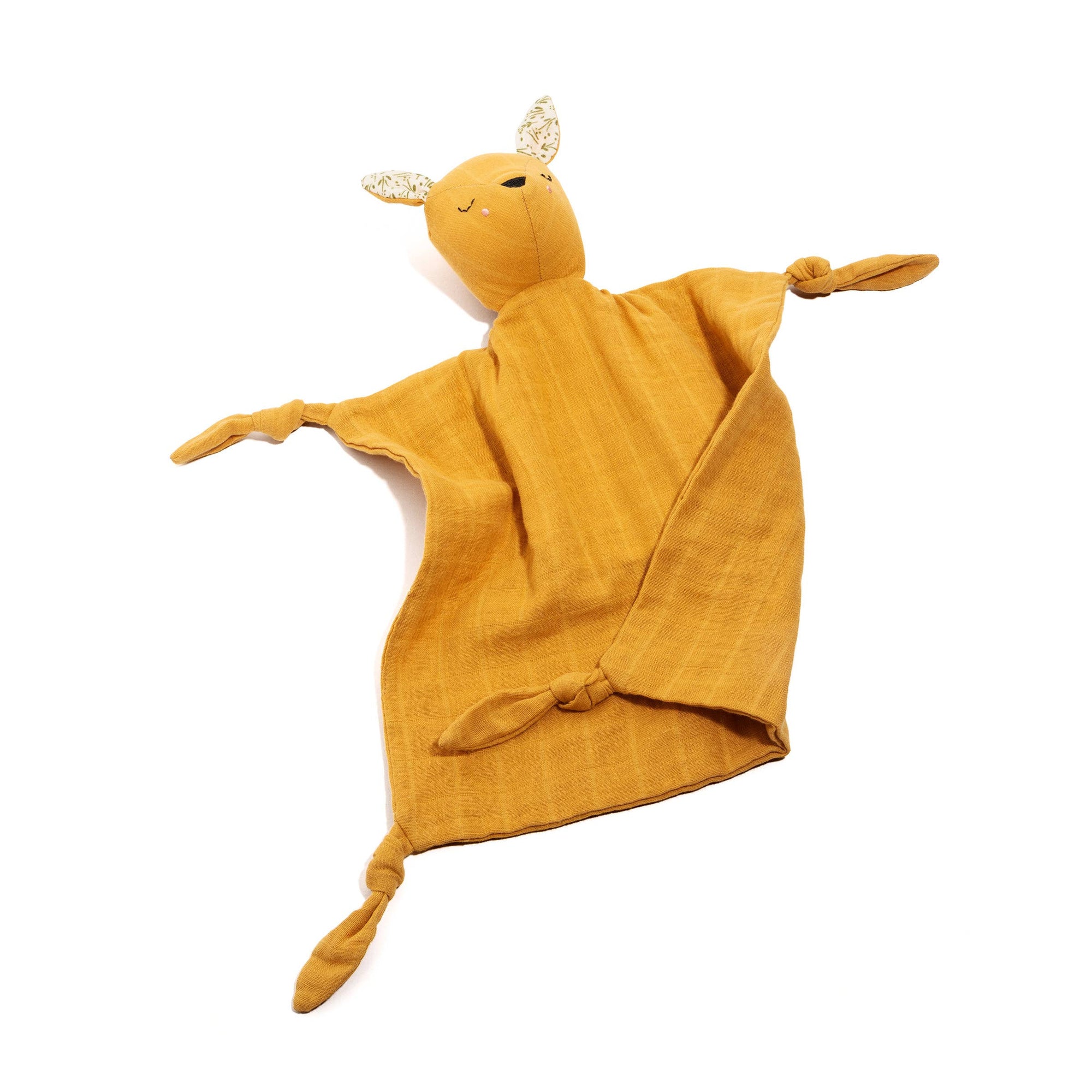 Yellow plush toy with deer design on a white background