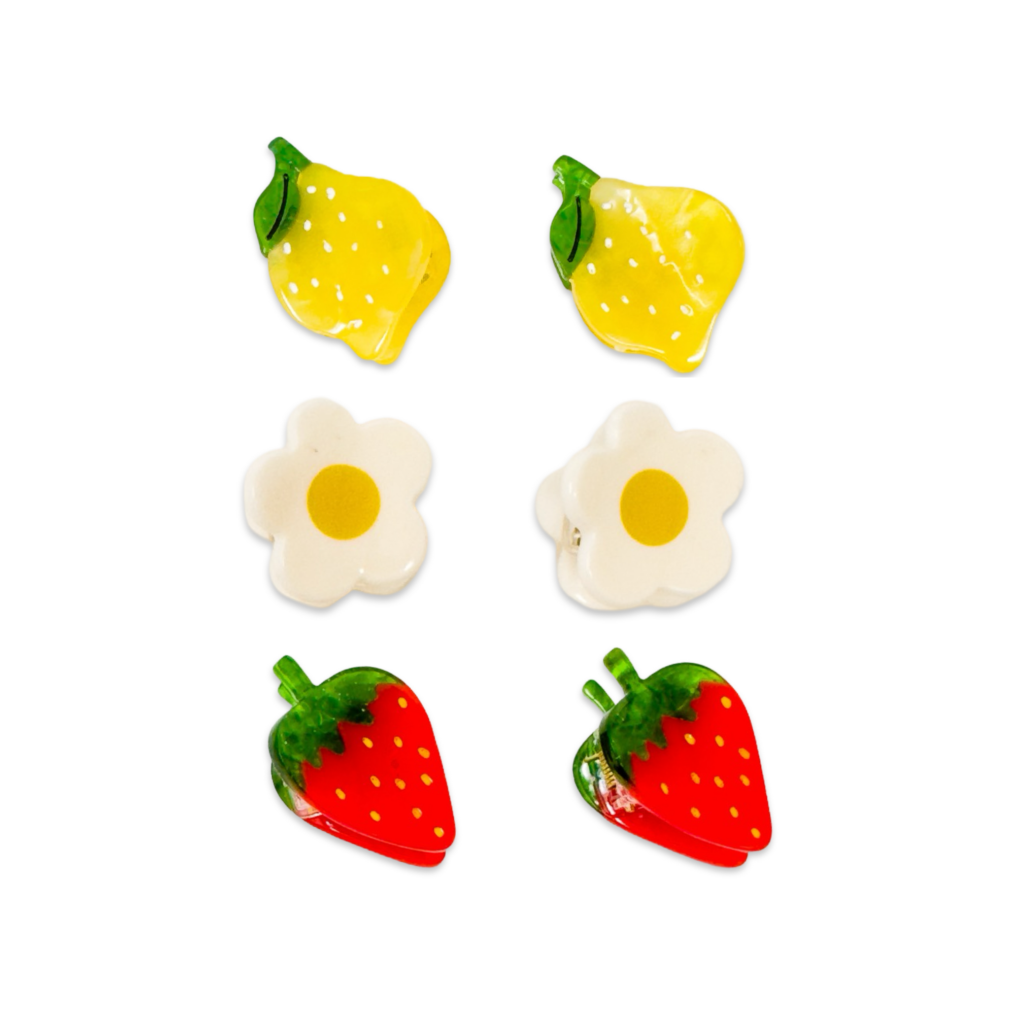 Set of fruit-shaped clips including lemons, strawberries, and daisies on a white background
