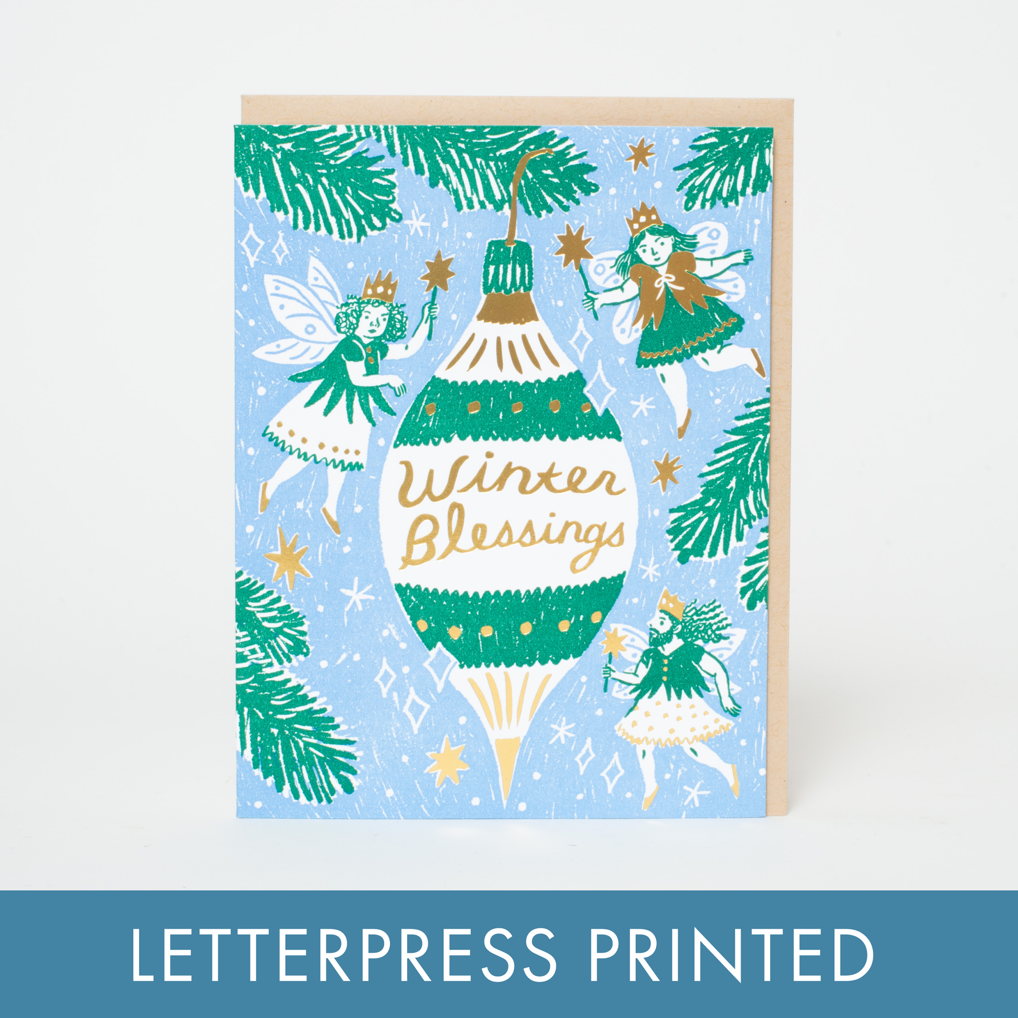 Greeting card with fairies and a Christmas ornament on a blue background, labeled 'Letterpress Printed'.